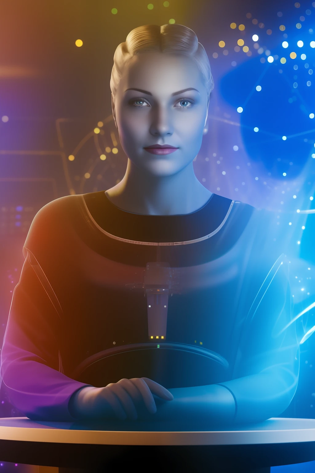 A female face worged by a hologram. The hologram is generated by a rounded base on a table or console. The lights that form the image are of the type codes of the matrix film only in blue color. Behind a science lab with great background blur