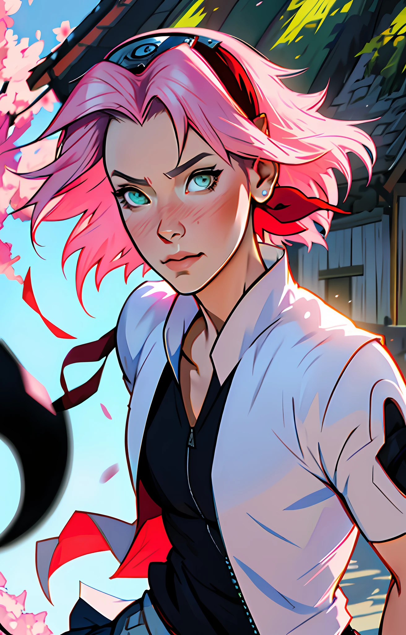 Sakura Haruno, seductive, ((forehead the show)), attractive,white overcoat, red bandana, red blouse, pink hair, delicate, young, short hair, detailed face, in a village, high definition, full body, trend in artstation, by rhads, andreas rocha, rossdraws, makoto shinkai, laurie greasley, lois van baarle, ilya kuvshinov and greg rutkowski