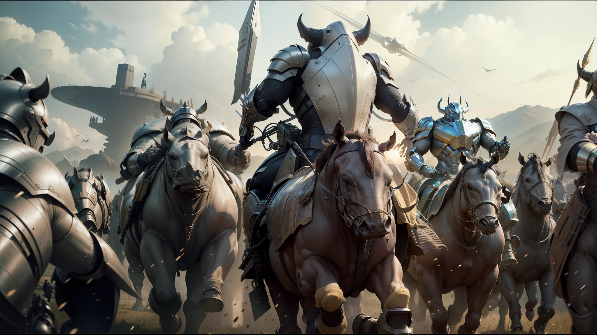 arafed image of a group of men riding horses in a field, from a 2 0 1 9 sci fi 8 k movie, greek god in mecha style, rhino rendered, movie still of a villain cyborg, protoss, chrome skeksis, film still of gal gadot, reptoids, rhino, colorgrading, by Jerry Eisenberg, pitt
