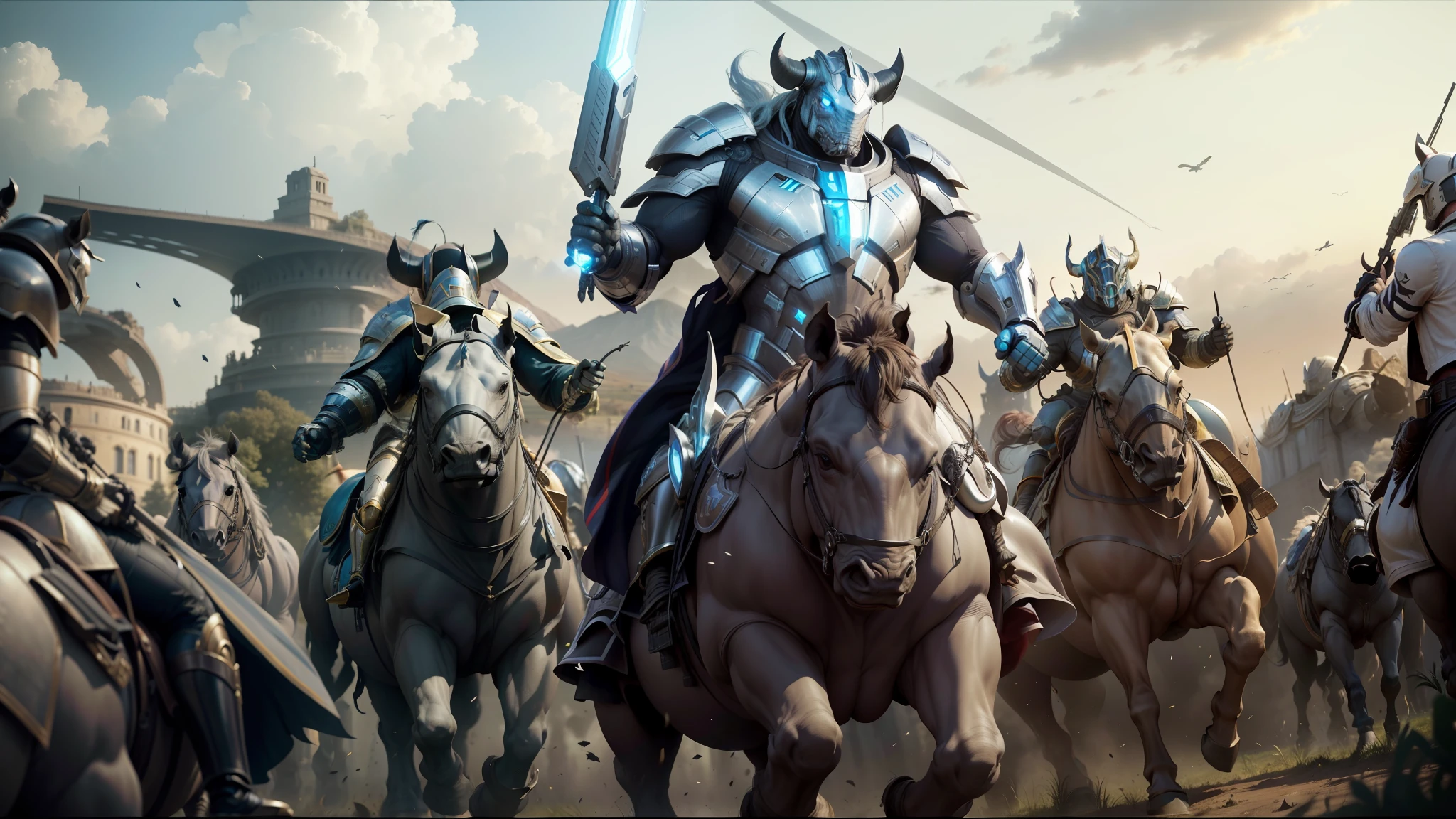 arafed image of a group of men riding horses in a field, from a 2 0 1 9 sci fi 8 k movie, greek god in mecha style, rhino rendered, movie still of a villain cyborg, protoss, chrome skeksis, film still of gal gadot, reptoids, rhino, colorgrading, by Jerry Eisenberg, pitt