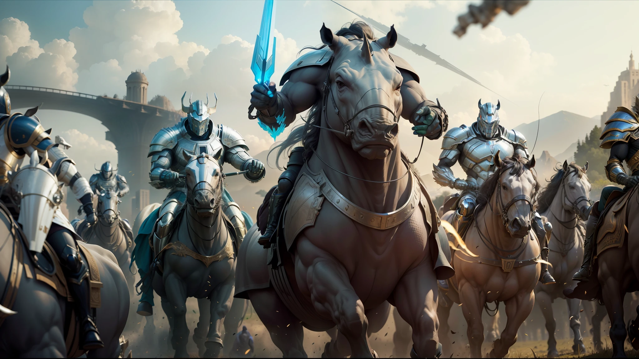 arafed image of a group of men riding horses in a field, from a 2 0 1 9 sci fi 8 k movie, greek god in mecha style, rhino rendered, movie still of a villain cyborg, protoss, chrome skeksis, film still of gal gadot, reptoids, rhino, colorgrading, by Jerry Eisenberg, pitt