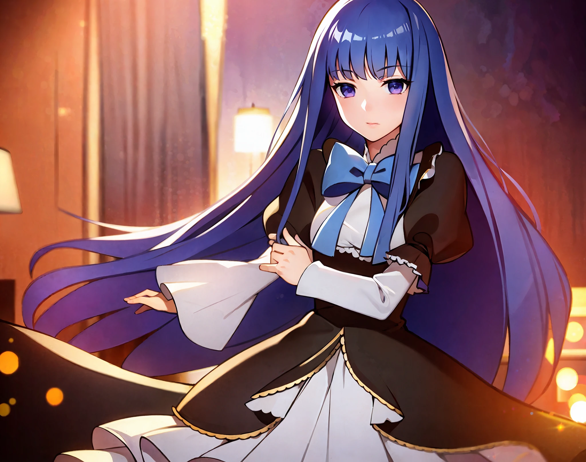beautiful, masterpiece, best quality, extremely detailed face, perfect lighting, 1girl, solo, top-down bottom-up, frederica bernkastel, blue hair, purple eyes, best quality: 1.5, masterpiece, perfect figure, delicate hands, HDR, detailed body, extremely detailed, higres, beautiful girl, female gamer, (playing game in the gaming room)