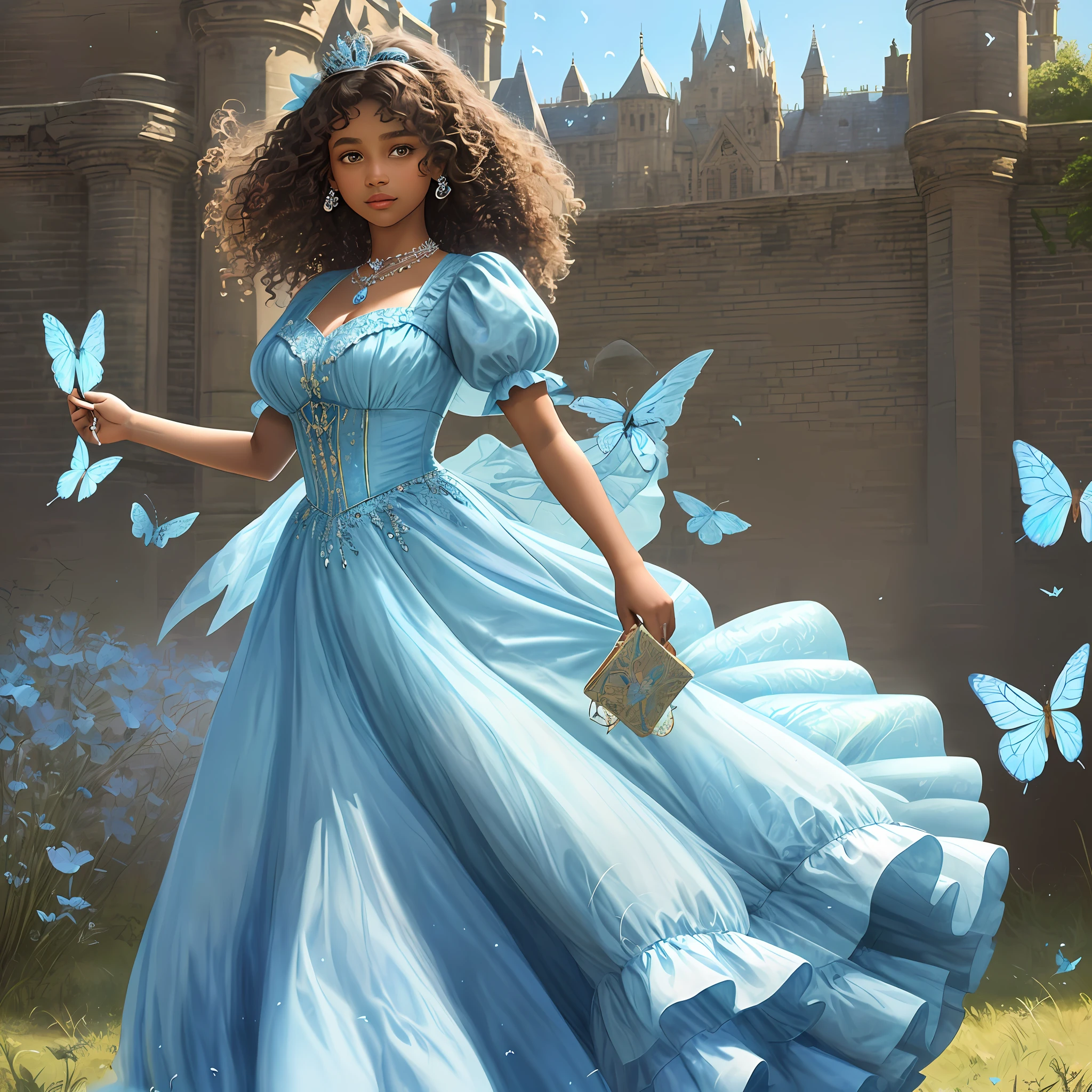 Cinderella, brown skin, light brown hazel eyes, curly hair and long, beautiful who looks like a model, is eighteen, wears the blue dress with small butterflies, also blue, in her hand she holds a letter. In the background a large castle that is having a ball, illustration for cover of a novel book, 8k, masterpiece, realistic,