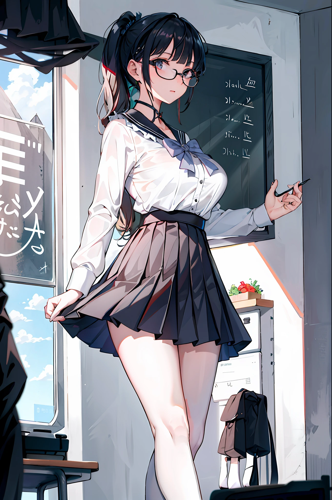 There is a woman in a skirt posing in front of the blackboard, teacher, standing in class, in the classroom, as a strict school teacher), teacher, black stockings, black hip skirt, side, masterpiece, delicate facial features, shining star eyes, glasses, ponytail, black hair, white shirt, beautiful breasts, 8k, low angle, ruler in hand