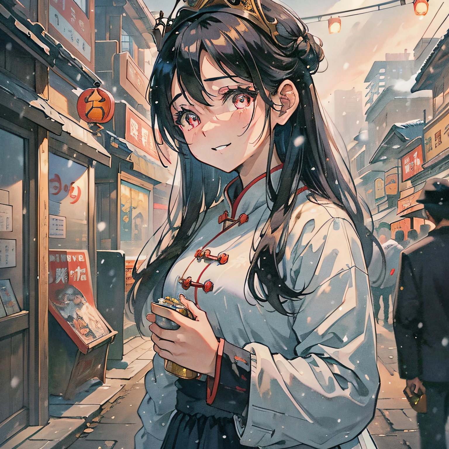 An Asian girl, Dress modestly, Standing on the streets of rural China in the 90s, The sky is snowing, black hair, crown, glowing eyes, smile, tearing up, cinematic lighting, lens flare, cowboy shot, UHD, masterpiece, best quality