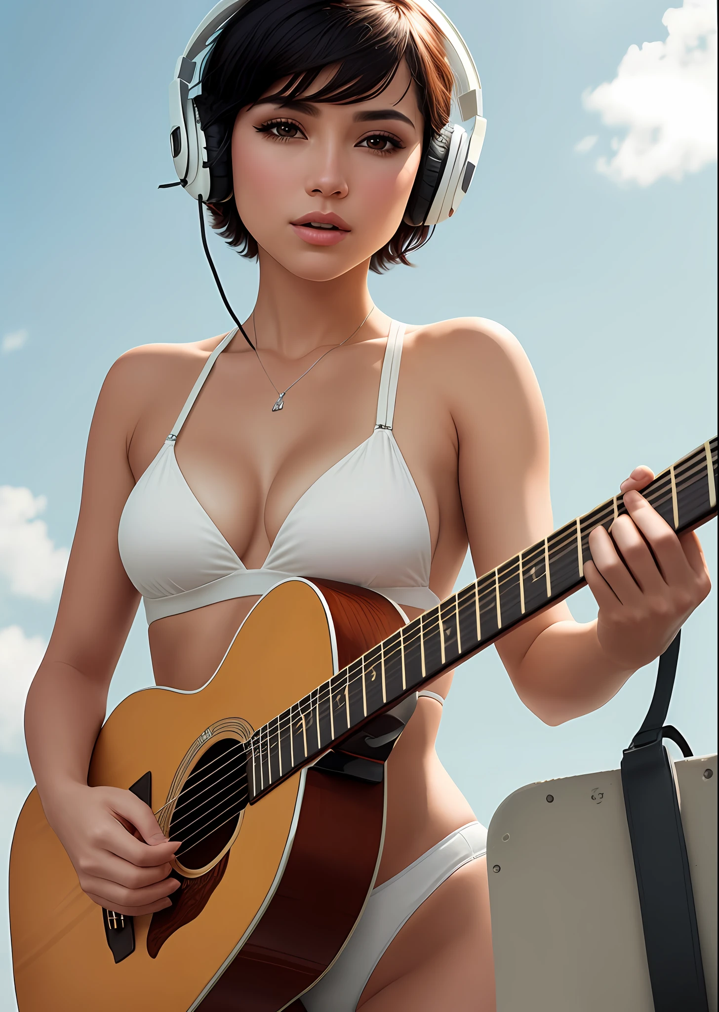 A cute pop singer with short hair and symmetrical watery eyes is captured in a dynamic and detailed cowboy shot of her holding a guitar and singing into headphones wearing a white micro bikini, featuring a pleasant tone and contrasting mix that exudes melancholy emotions. It expresses light and shadow, emphasizes the subject's hair, eyes, mouth, and movements, creating compositions that are pleasing to the eye and thought-provoking.