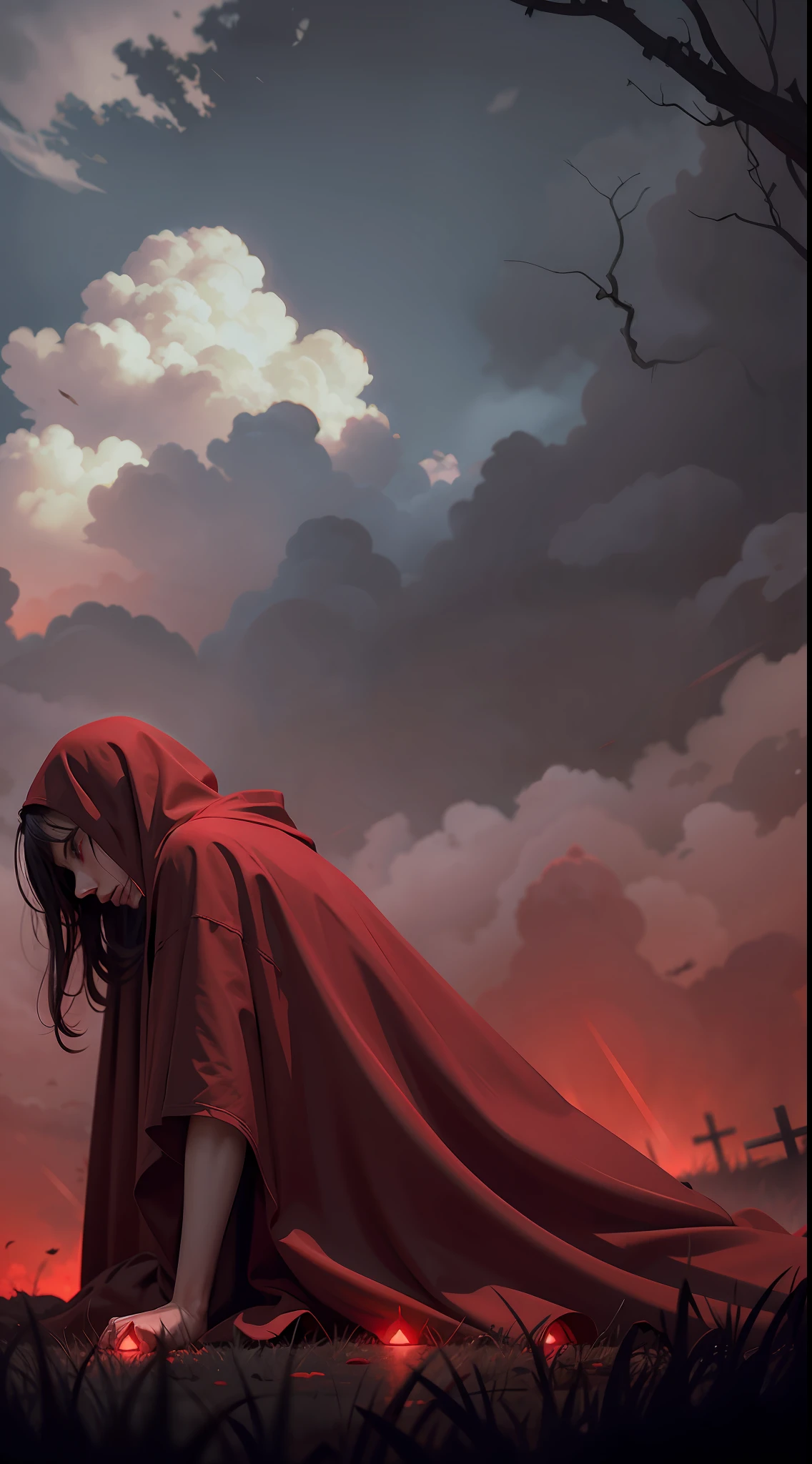 Facing away from the picture, kneeling, lying on the ground, creeping, red robes, clouds in the sky are dark red, bloody, terrifying, eerie, absurd, sketching, anime key visuals, fog, evil, Bauhaus art, dramatic lights, mystery
