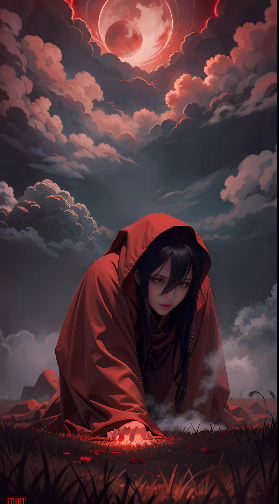 Facing away from the picture, kneeling, lying on the ground, creeping, red robes, clouds in the sky are dark red, bloody, terrifying, eerie, absurd, sketching, anime key visuals, fog, evil, Bauhaus art, dramatic lights, mystery