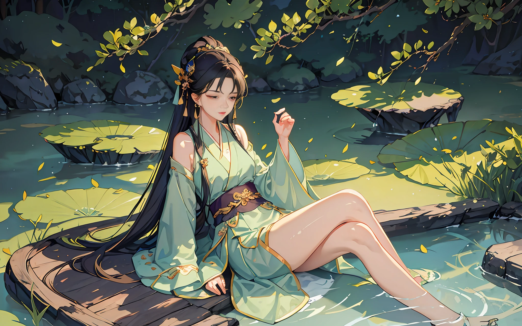 Dark green Hanfu, a woman, cool, fair skin, sea of flowers, pond, petals floating on the water, lily, clavicle, eyes closed, half submerged in water, dark background, moonlight, hairpin, jade pendant, Hanfu, delicate face, hair accessories, red lips, skirt, belt, jewelry, long hair, earrings, , hair strands, perfect body proportions, wet, slender legs, bridge