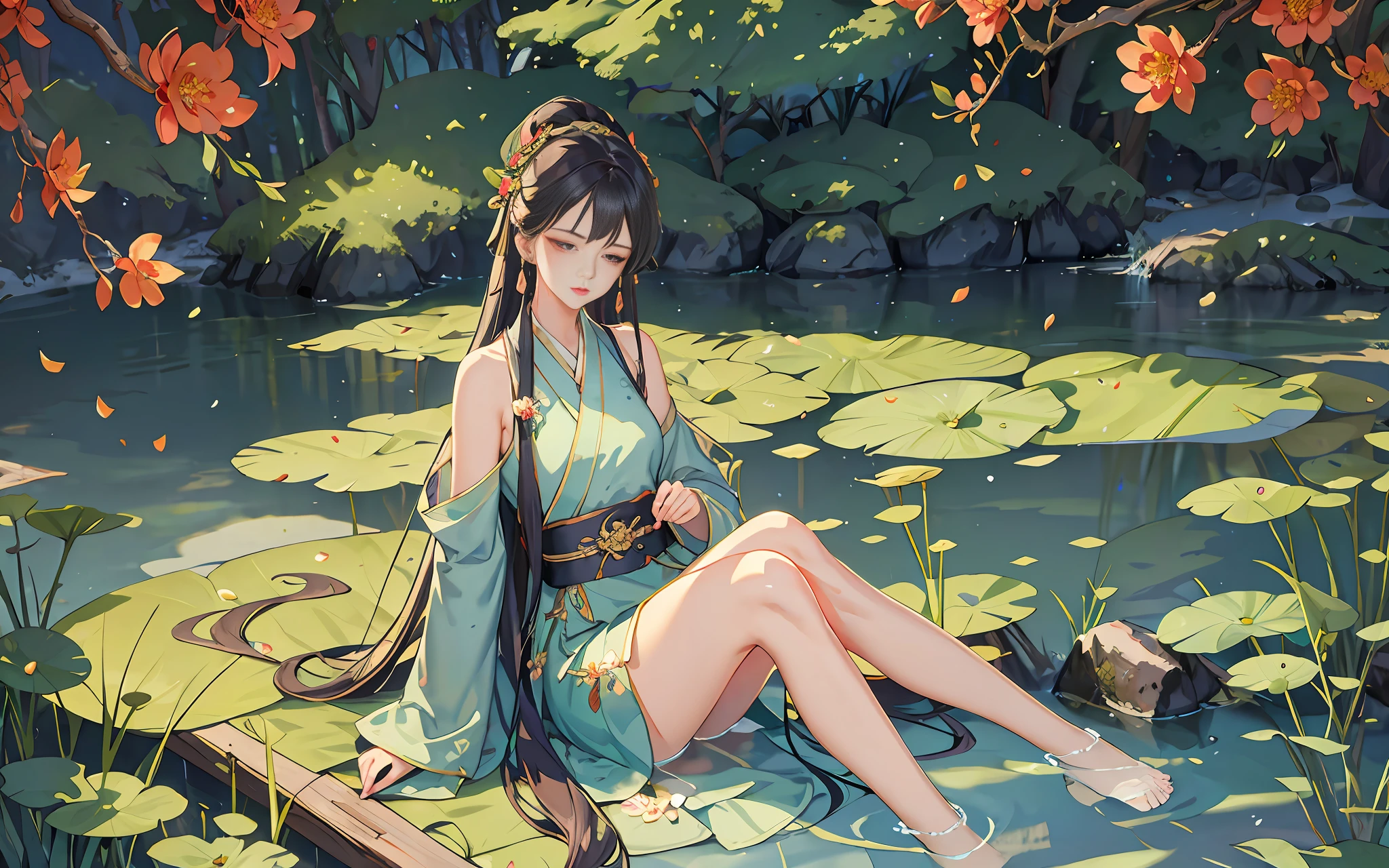 Dark green Hanfu, a woman, cool, fair skin, sea of flowers, pond, petals floating on the water, lily, clavicle, eyes closed, half submerged in water, dark background, moonlight, hairpin, jade pendant, Hanfu, delicate face, hair accessories, red lips, skirt, belt, jewelry, long hair, earrings, , hair strands, perfect body proportions, wet, slender legs, bridge