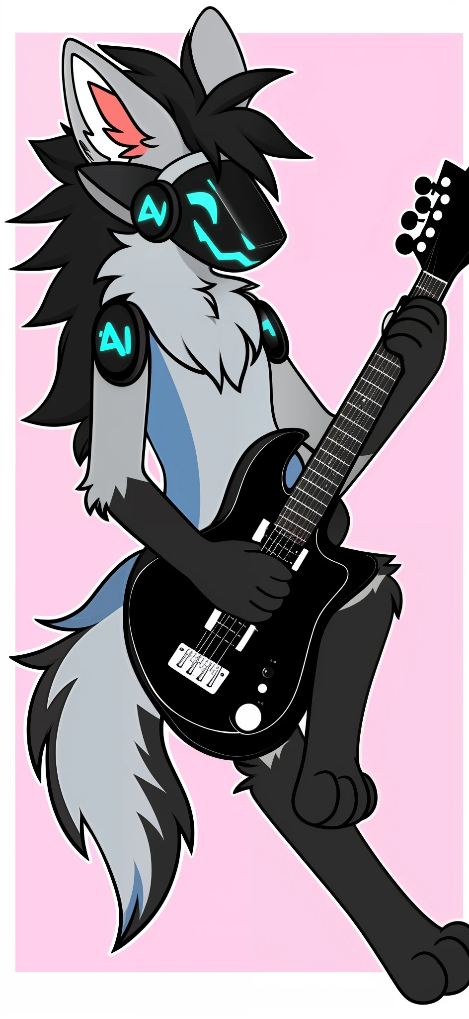 Protogen holding electric guitar with long hair fur