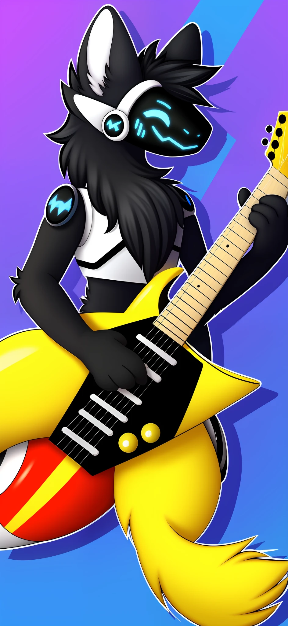Protogen holding electric guitar with long hair fur