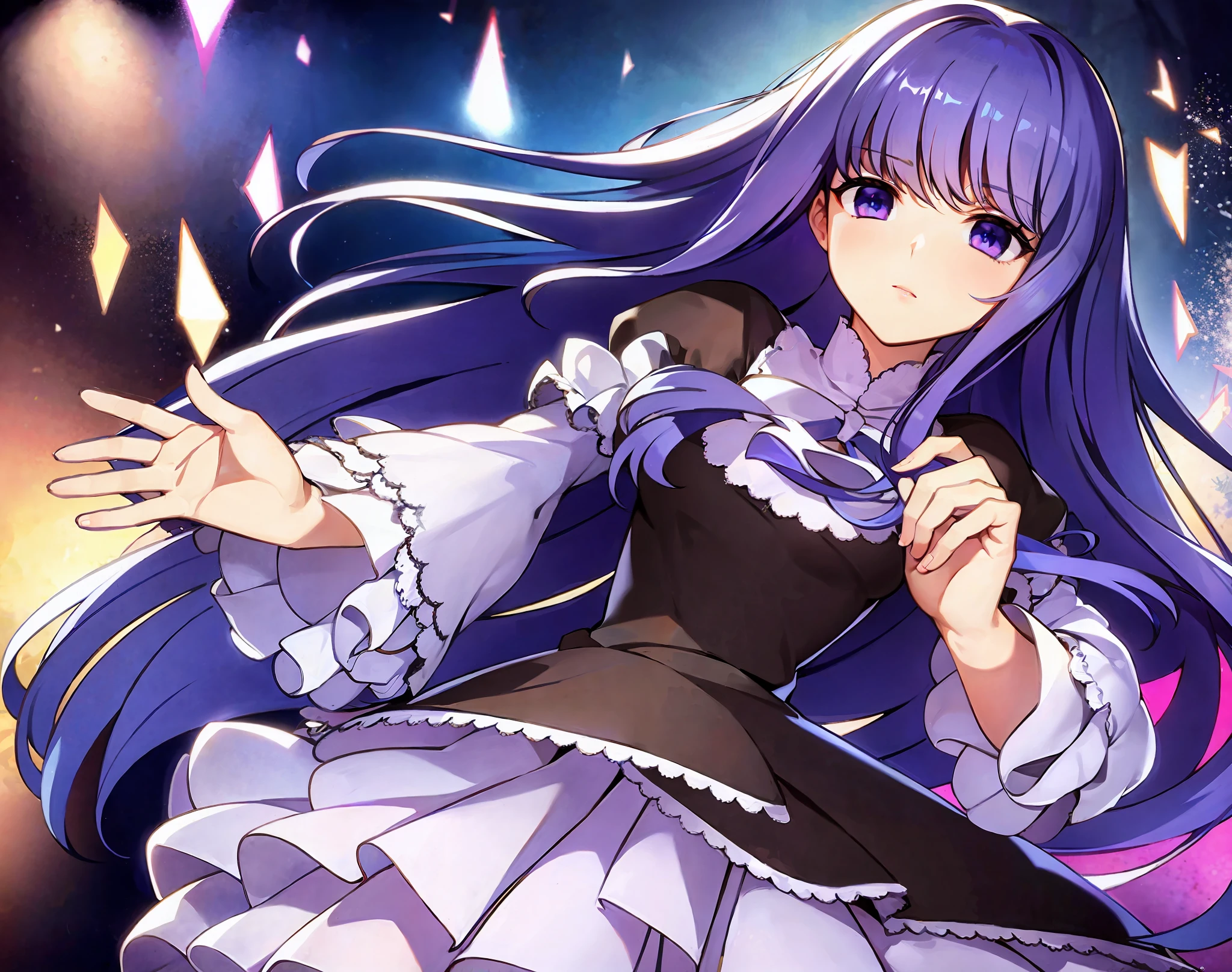 beautiful, masterpiece, best quality, extremely detailed face, perfect lighting, 1girl, solo, top-down bottom-up, frederica bernkastel, blue hair, purple eyes, best quality: 1.5, masterpiece, perfect figure, delicate hands, HDR, detailed body, extremely detailed, higres, beautiful girl, female gamer, playing game in the gaming room, gaming