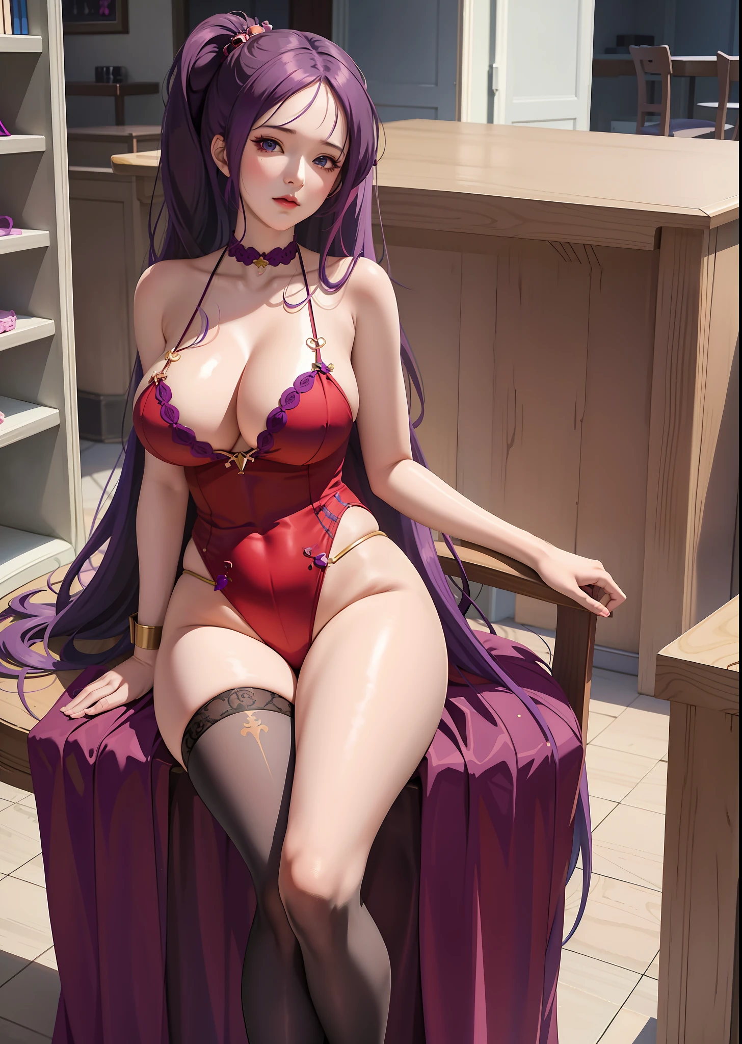 girl with purple hair and stockings sitting on a chair, seductive anime girl, shalltear from overlord, best anime 4k konachan wallpaper, shalltear bloodfallen, anime moe artstyle, cushart krenz key art feminine, oppai, lewd, marin kitagawa fanart, hanayamata, by Kamagurka, ecchi