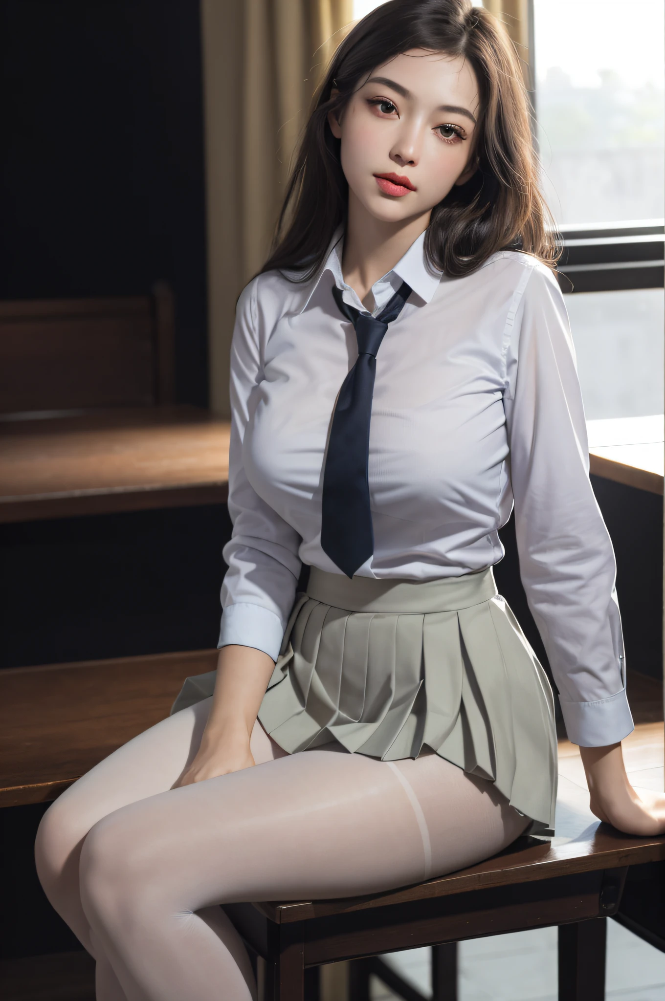 ultra realistic 8k cg, picture-perfect face, flawless, clean, masterpiece, professional artwork, famous artwork, perfect face, beautiful face, beautiful eyes, ((perfect female body)), solo,(immersive atmosphere, chiaroscuro:1.5,bright light:1.2,luminous lighting)
,,(blush:0.5),seductive expression,extremely detailed_eyes,thick thighs,large breasts,
beautifully detailed background,depth of field,realistic:1.3, long shot,1girl,shirt,pleated skirt, school uniform, sitting, full body,
(ambient light:1.3),(cinematic composition:1.3),(neon lights:0.1),(HDR:0.1),Accent Lighting, white pantyhose,