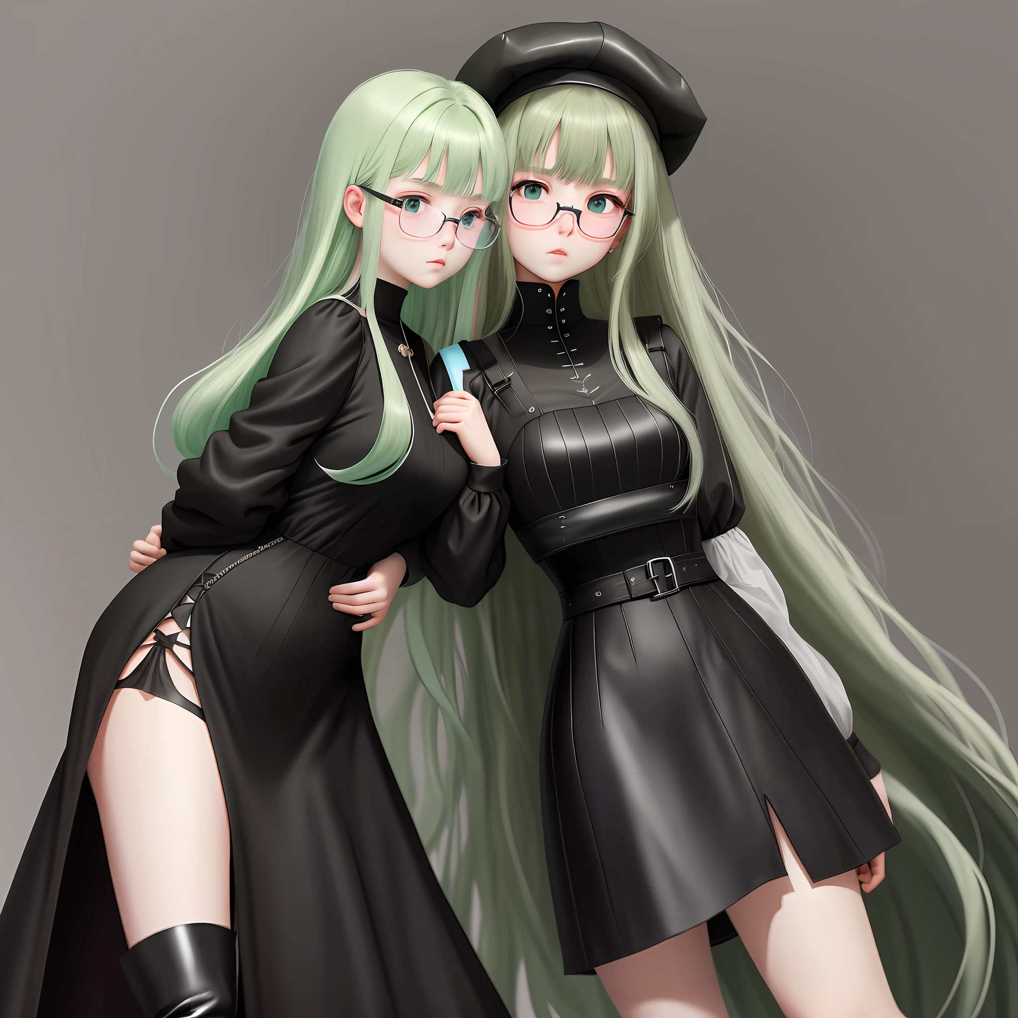 A ager, mid-size, slightly reddish white skin, anime style, 18 years old, with two moles on both cheeks, long saturated green hair well wavy, a long bangs in the middle of the face, serious face, serious eyes with reddish blush on the cheeks and nose, slightly large cheeks, big mouth, wearing round glasses in black color, long black dress with double slit, medieval style with puffy strap, wearing large knee-high boots in black color, wearing light pink gloss, no hat, full body, blue eyes