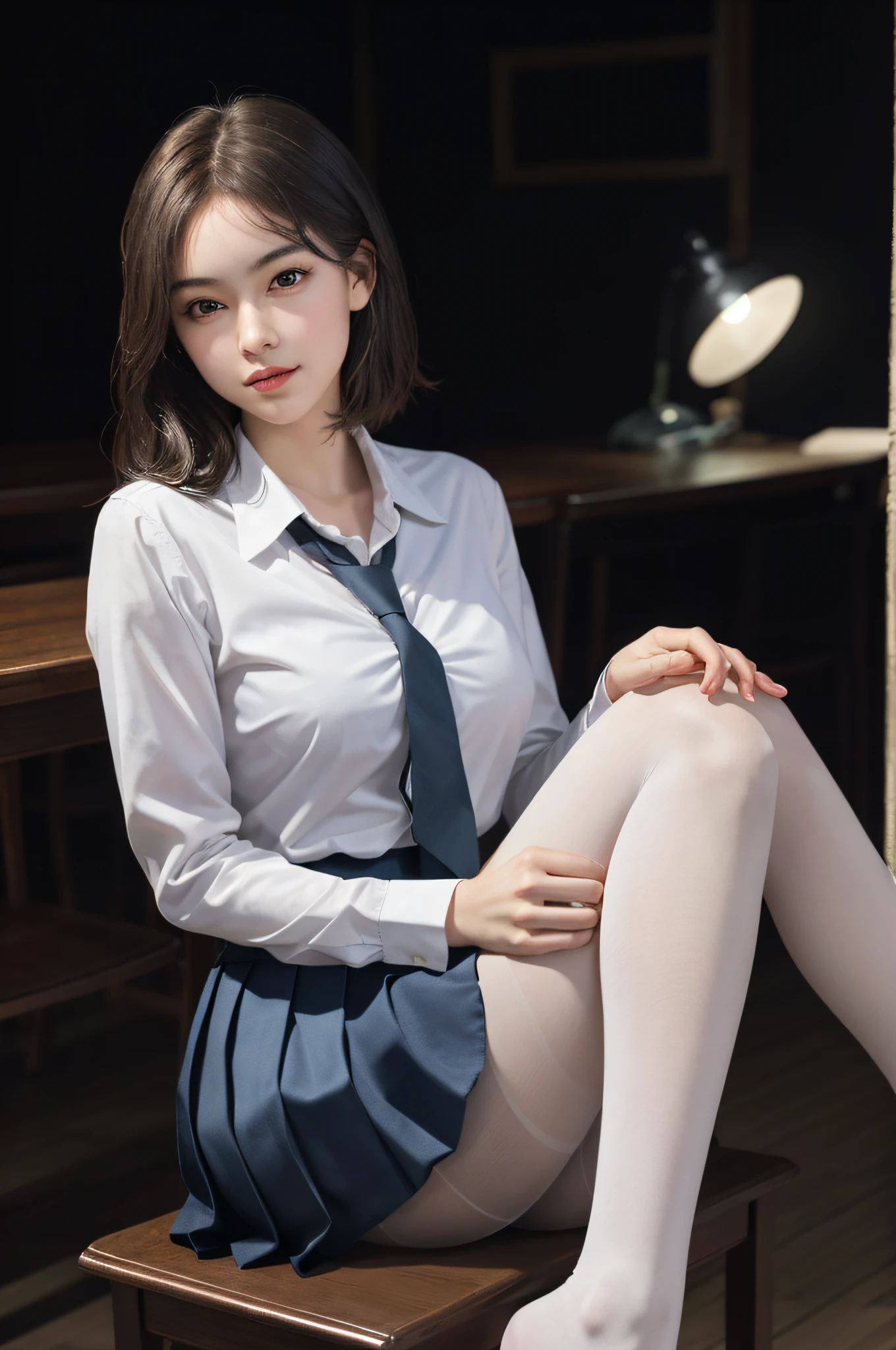 ultra realistic 8k cg, picture-perfect face, flawless, clean, masterpiece, professional artwork, famous artwork, perfect face, beautiful face, beautiful eyes, ((perfect female body)), solo,(immersive atmosphere, chiaroscuro:1.5,bright light:1.2,luminous lighting)
,,(blush:0.5),seductive expression,extremely detailed_eyes,thick thighs,large breasts,
beautifully detailed background,depth of field,realistic:1.3, long shot,1girl,shirt,pleated skirt, school uniform, sitting, full body,
(ambient light:1.3),(cinematic composition:1.3),(neon lights:0.1),(HDR:0.1),Accent Lighting, white pantyhose,