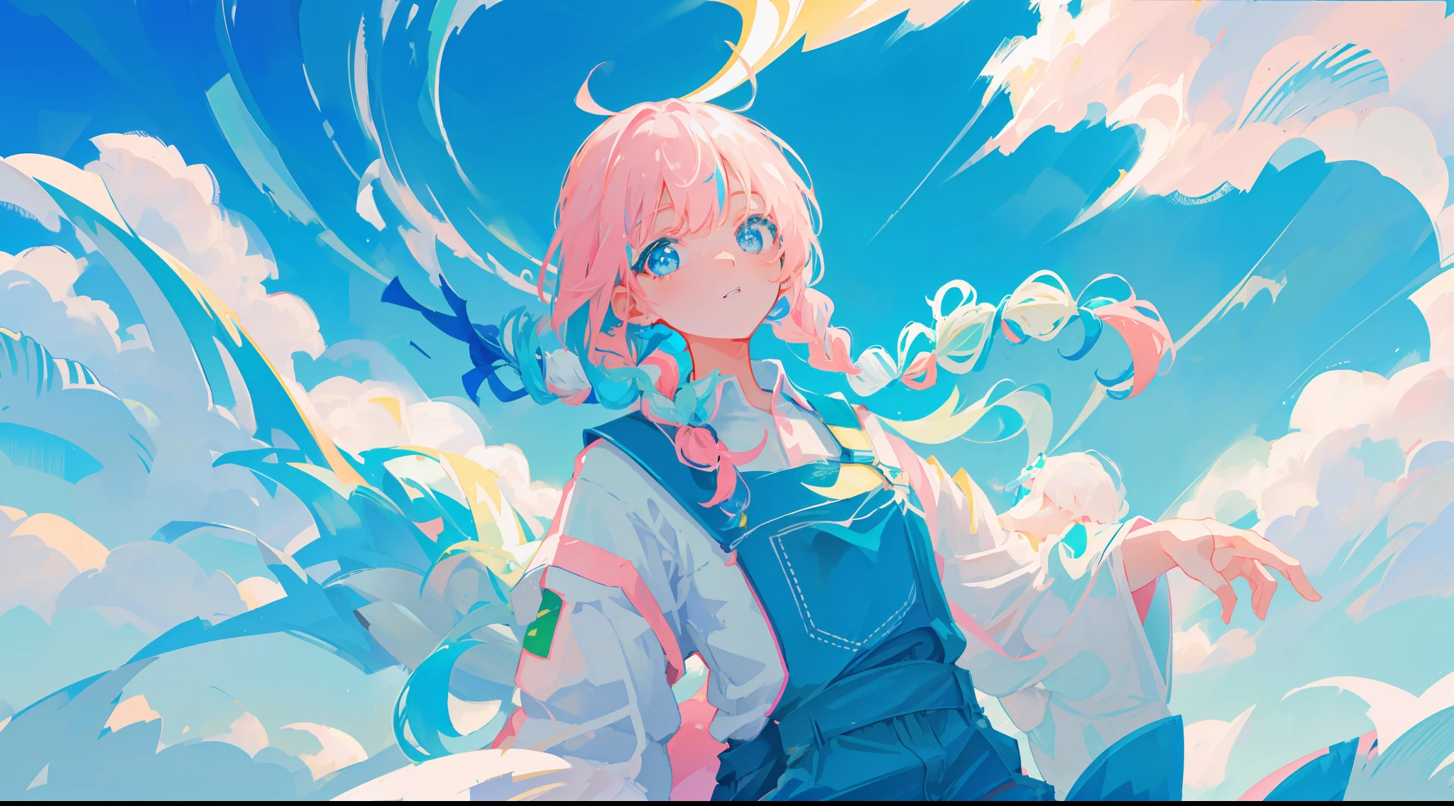 (best quality), dynamic angle, Japanese anime illustration, Japanese girl, white polo shirt, light blue overalls, shining blue eyes, (green and pink two-tone braids), above the clouds, jumping, blue sky,