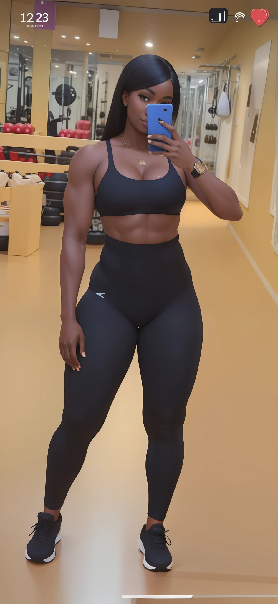 Super sexy black woman Araffe in a black sports bra top taking a selfie, bulky breasts, super defined abs, slim waist and thick hips, photo fit, wearing tight black clothing, physique: tiny midriff of all time, tight clothing, thick thighs, thick, thick, thick thic, tight suit, curvy physique, in a gym, 2 female model