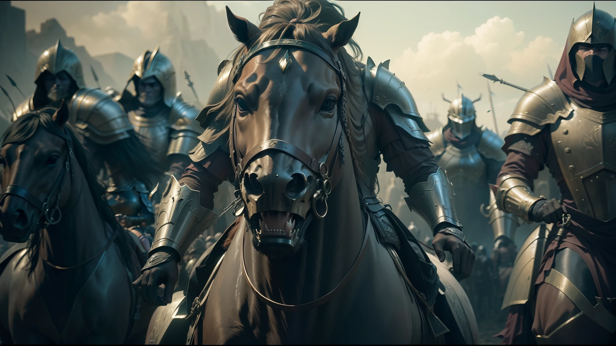 there are many people riding horses in a line with armor on them, 2 0 2 1 cinematic 4 k framegrab, corpsepaint, jaime jasso, greig fraser cinematography, animated movie shot, official artwork hdr, tomb raider, award winning animation, by andrei riabovitchev, exterminatus, by Huang Tingjian