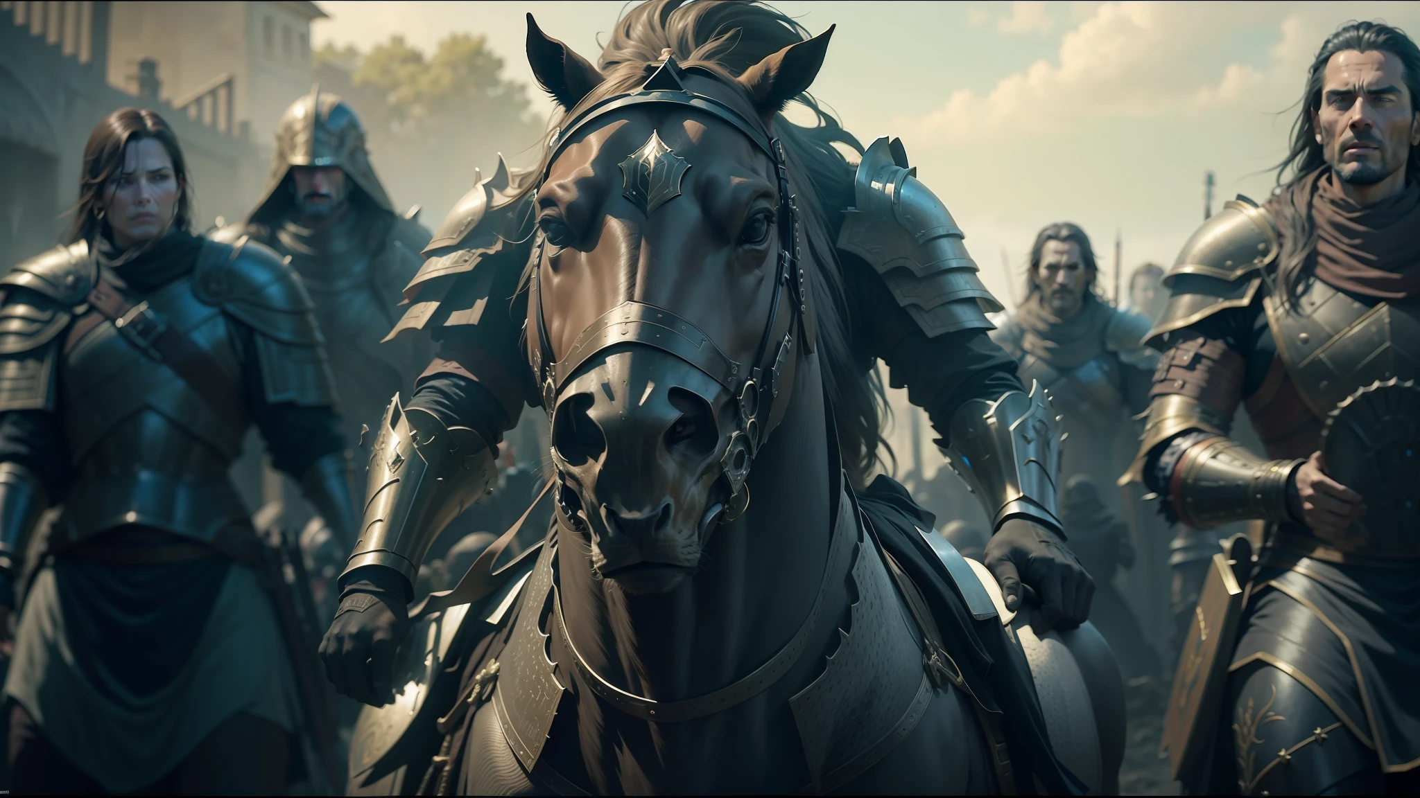 there are many people riding horses in a line with armor on them, 2 0 2 1 cinematic 4 k framegrab, corpsepaint, jaime jasso, greig fraser cinematography, animated movie shot, official artwork hdr, tomb raider, award winning animation, by andrei riabovitchev, exterminatus, by Huang Tingjian