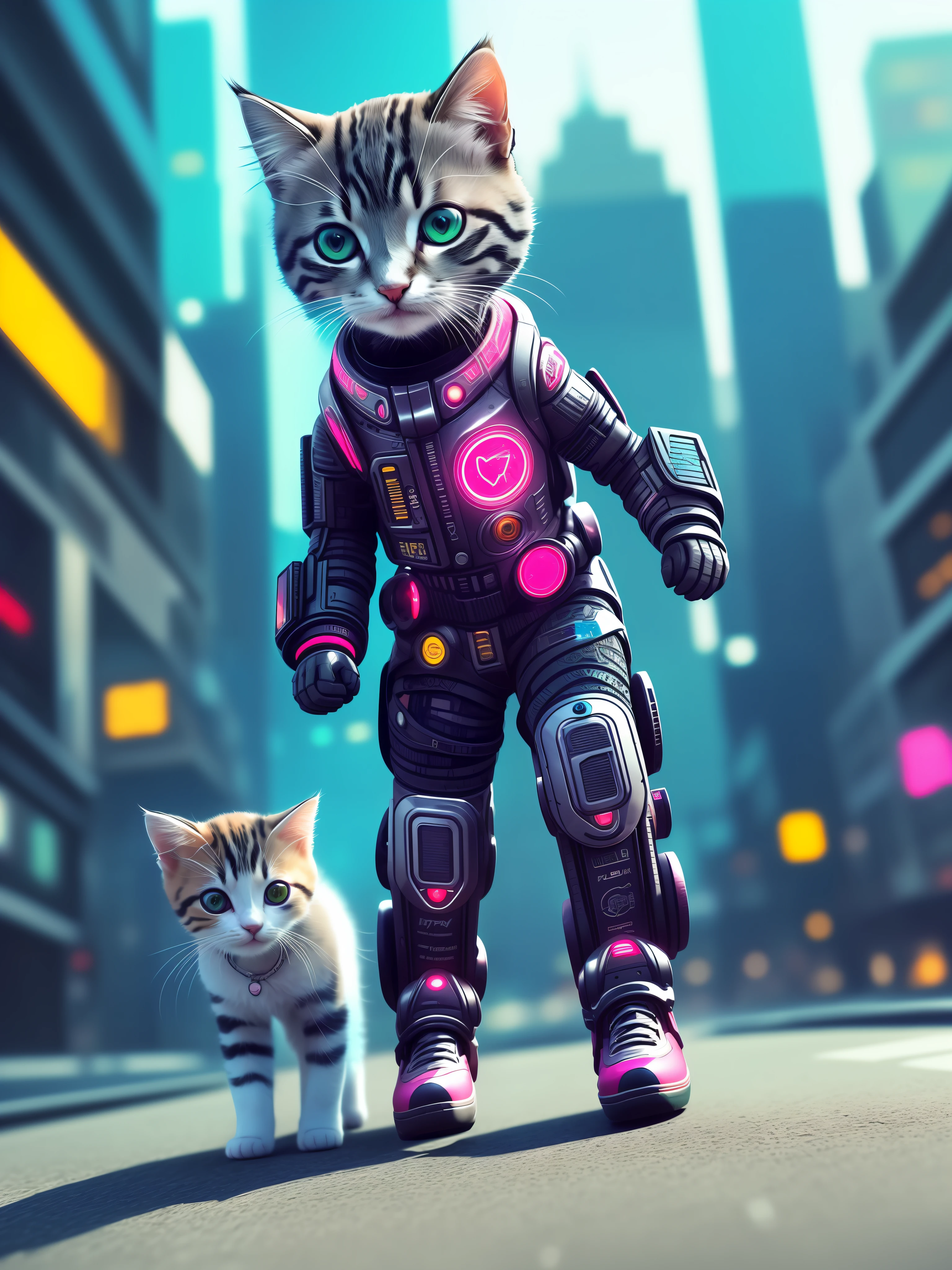 a cute kitten, skateboarding, curious++, cyborg+, cyberpunk style, (intricate details)++, hdr, (intricate details)+, (hyperdetailed)+, cinematic shot, vignette
