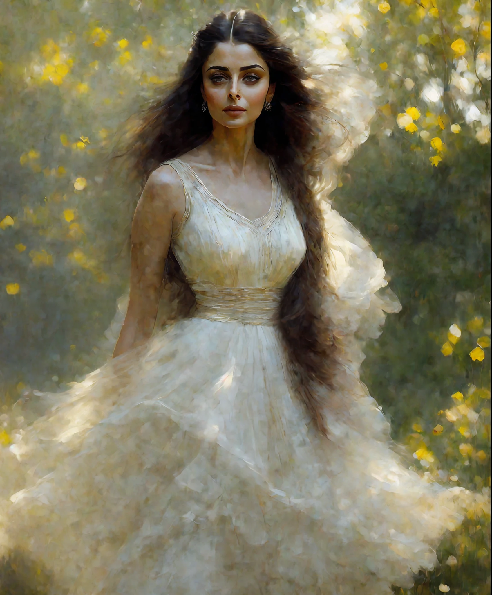 lifelike oil painting of a woman Aishwarya rai as a contemporary dancer in a garden, soft sunlight on face, soft details, abstract, portrait, ron hicks style dynamic, (ultra detailed 16k:1.3), HDR, artstation hd, painting masterpiece, featured on unsplash, soft diffused lighting, ethereal morning atmosphere