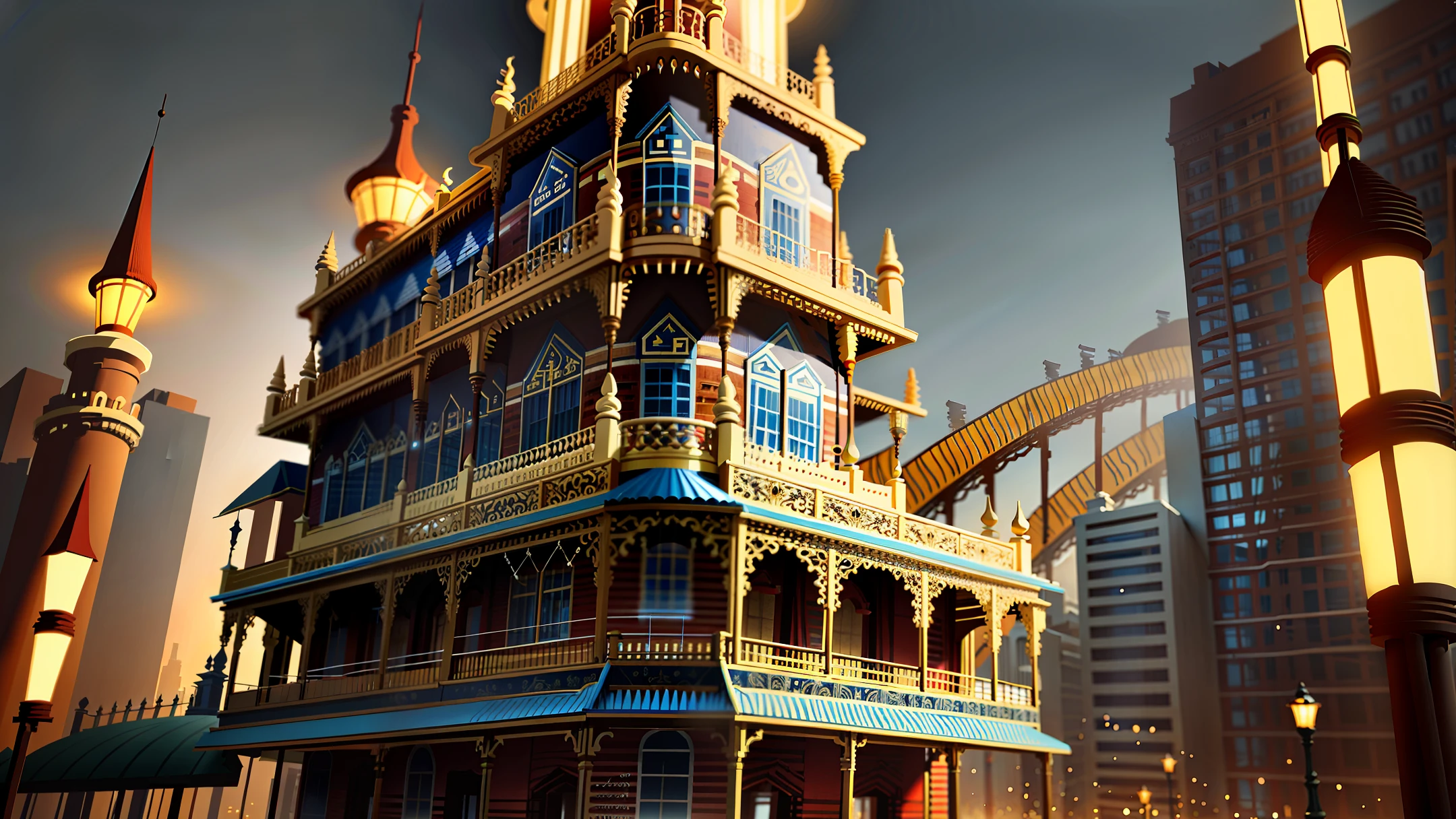 roller coaster building, elaborate, highly detailed, realistic, intricate, elegant, diffused cinematic light, colorfull