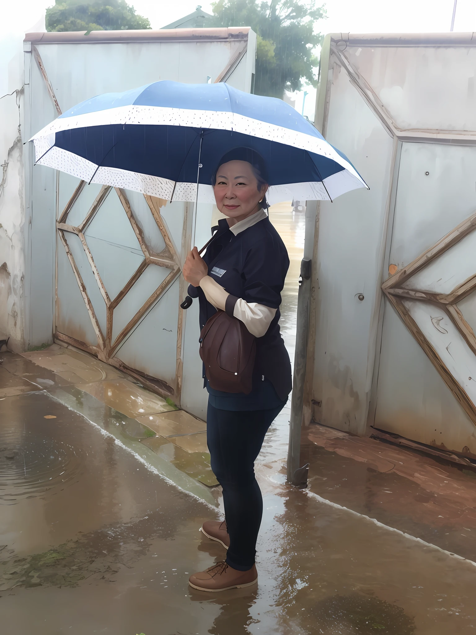 masterpiece, best quality, mature female, standing, water drop, rain, hand holding umbrella,