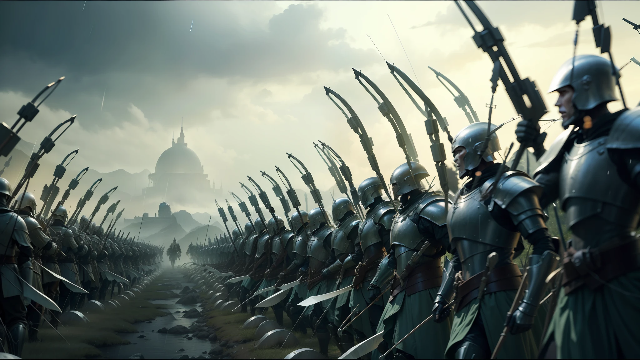 a close up of a row of soldiers with spears and spears, vfx film, rivendell, army of robots, cinematic widescreen shot, long bow and arrows, raining blood, maximus jacobs, tartarian architecture, battle standing