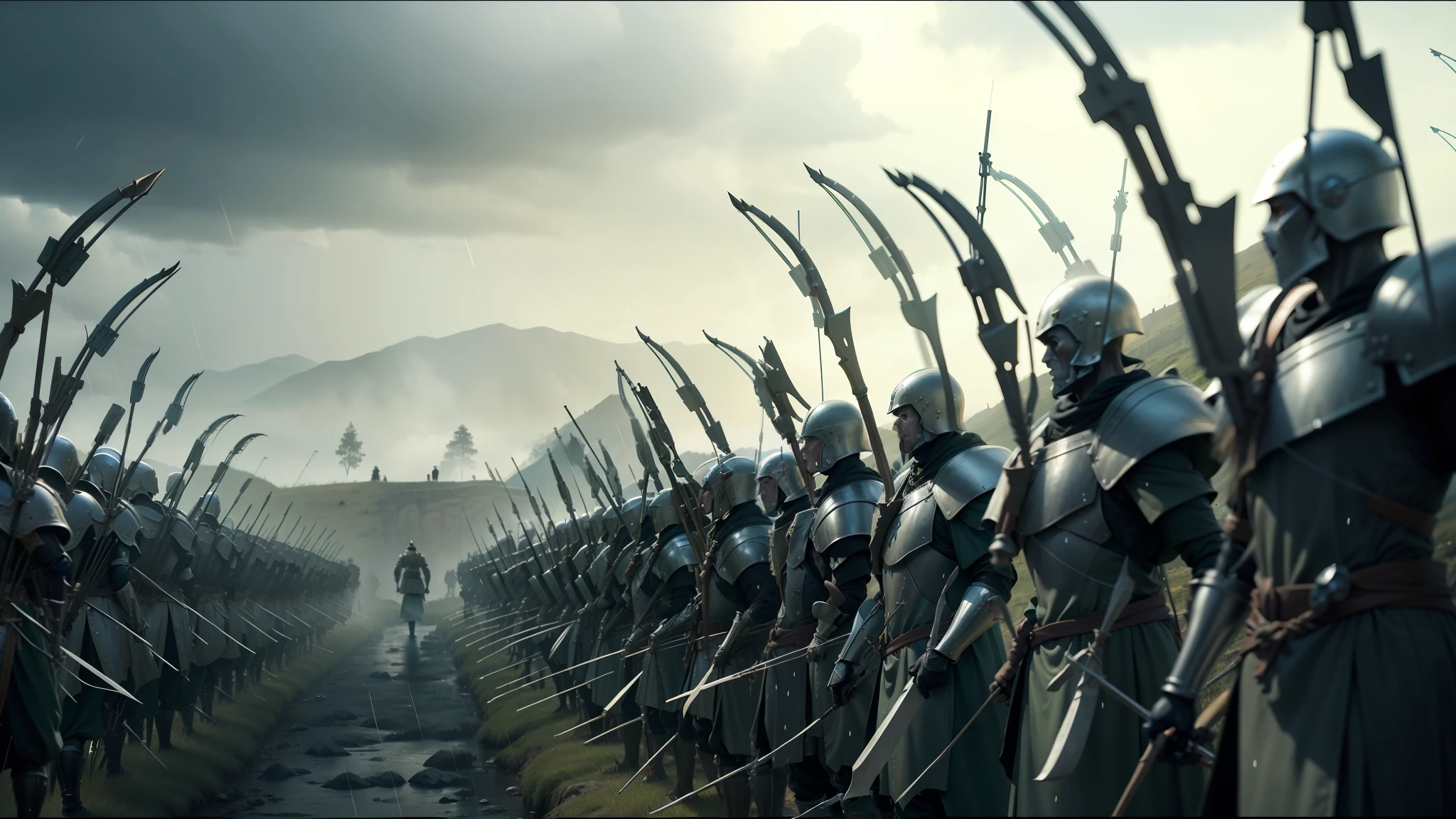 a close up of a row of soldiers with spears and spears, vfx film, rivendell, army of robots, cinematic widescreen shot, long bow and arrows, raining blood, maximus jacobs, tartarian architecture, battle standing