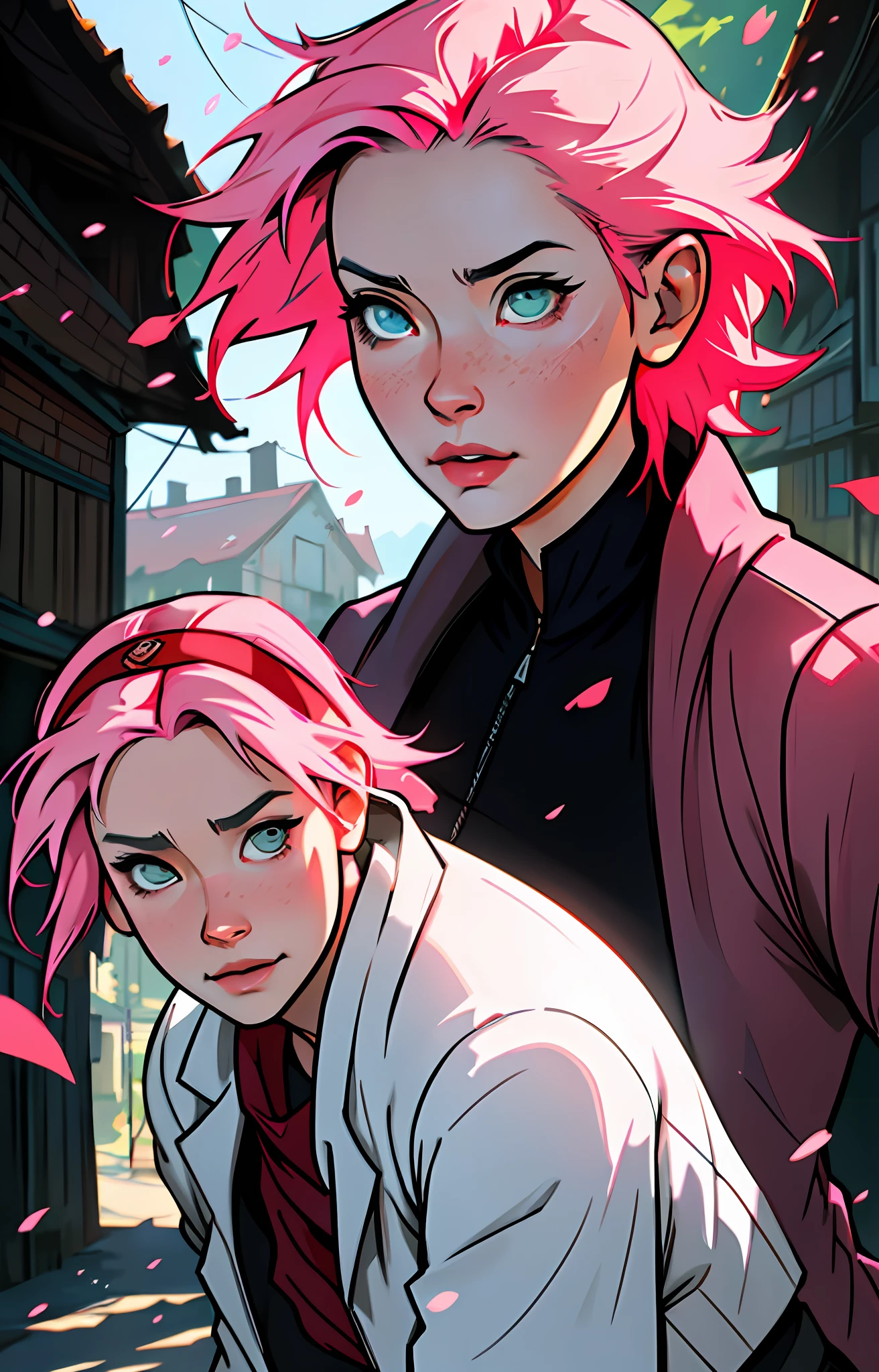 Sakura Haruno, seductive, ((forehead the show)), attractive,white overcoat, red bandana, red blouse, pink hair, delicate, young, short hair, detailed face, in a village, high definition, full body, trend in artstation, by rhads, andreas rocha, rossdraws, makoto shinkai, laurie greasley, lois van baarle, ilya kuvshinov and greg rutkowski