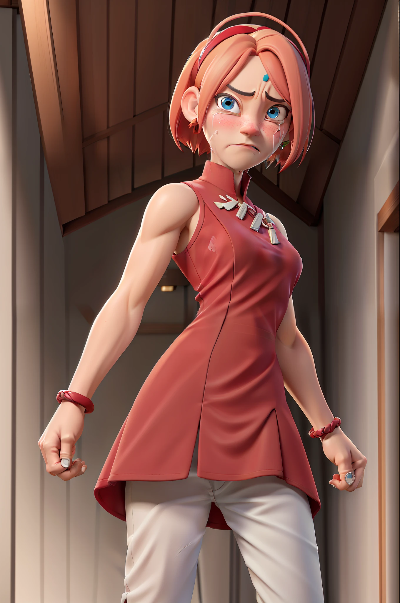 (masterpiece), best quality, expressive eyes, perfect face, haruno sakura, red sleeveless dress, white pants, bracelets, forehead mark, red hairband, uchiha crest, crying,