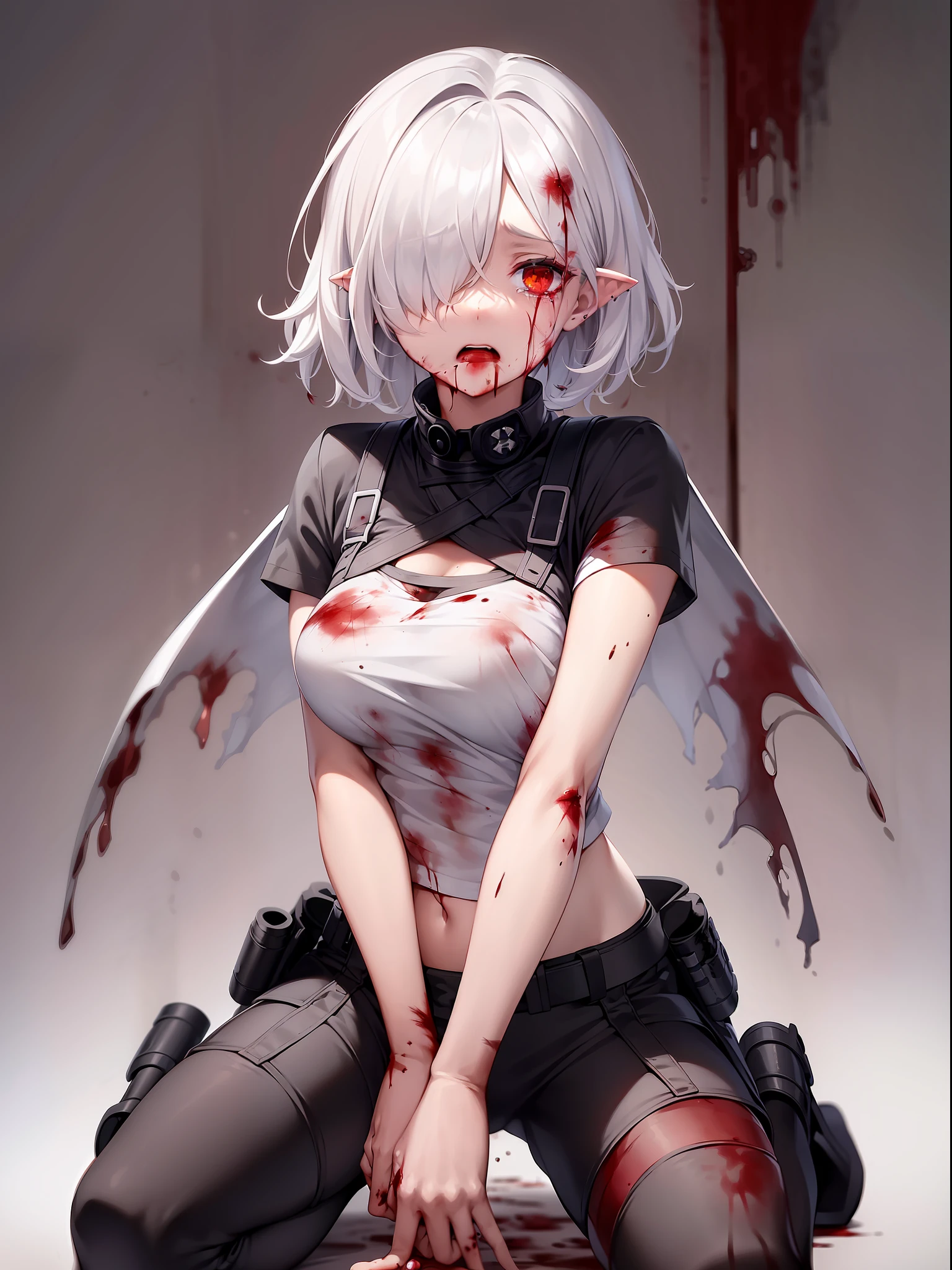 1girl, ((medium-small breasts)), kneeling, (crying:1.4), (thin eyebrows:-1), ((straight hair)), (hair over one eye:1.5), white hair, (medium-short hair), red eyes, blood red eyes, mole under eye, (covered in blood:1.9), blood, (black tactical shirt:1.6), harness, ((black pants)), rolled up sleeves, (pointy ears:1.1), (((from front))), close-up, portrait, white background, masterpiece,