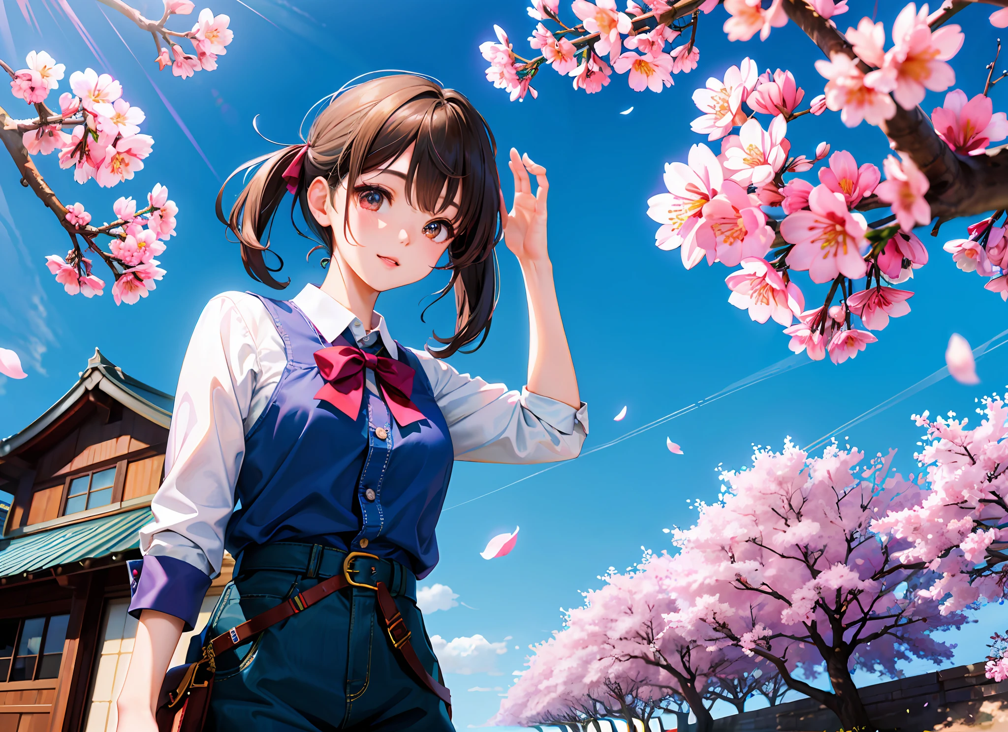 best quality, masterpiece, kat, wind sakura effect, blue sky, focus sky, detailed reflex, cherry blossoms, cinematic lighting, caustics, (wide shot:1.1), detailed cute girl, overlook,