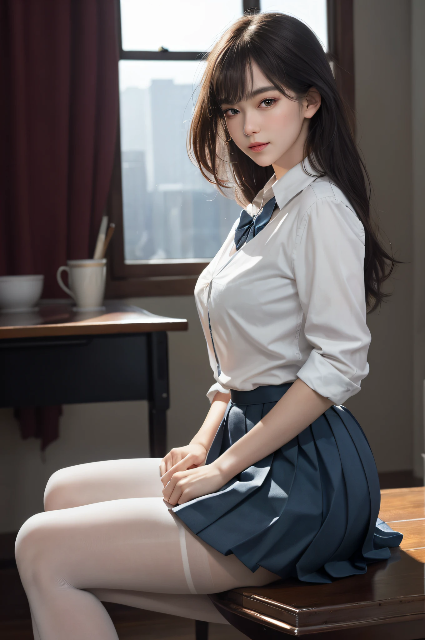 ultra realistic 8k cg, picture-perfect face, flawless, clean, masterpiece, professional artwork, famous artwork, perfect face, beautiful face, beautiful eyes, ((perfect female body)), solo,(immersive atmosphere, chiaroscuro:1.5,bright light:1.2,luminous lighting)
,,(blush:0.5),seductive expression,extremely detailed_eyes,thick thighs,large breasts,
beautifully detailed background,depth of field,realistic:1.3, long shot,1girl,shirt,pleated skirt, school uniform, sitting, full body,
(ambient light:1.3),(cinematic composition:1.3),(neon lights:0.1),(HDR:0.1),Accent Lighting, white pantyhose,