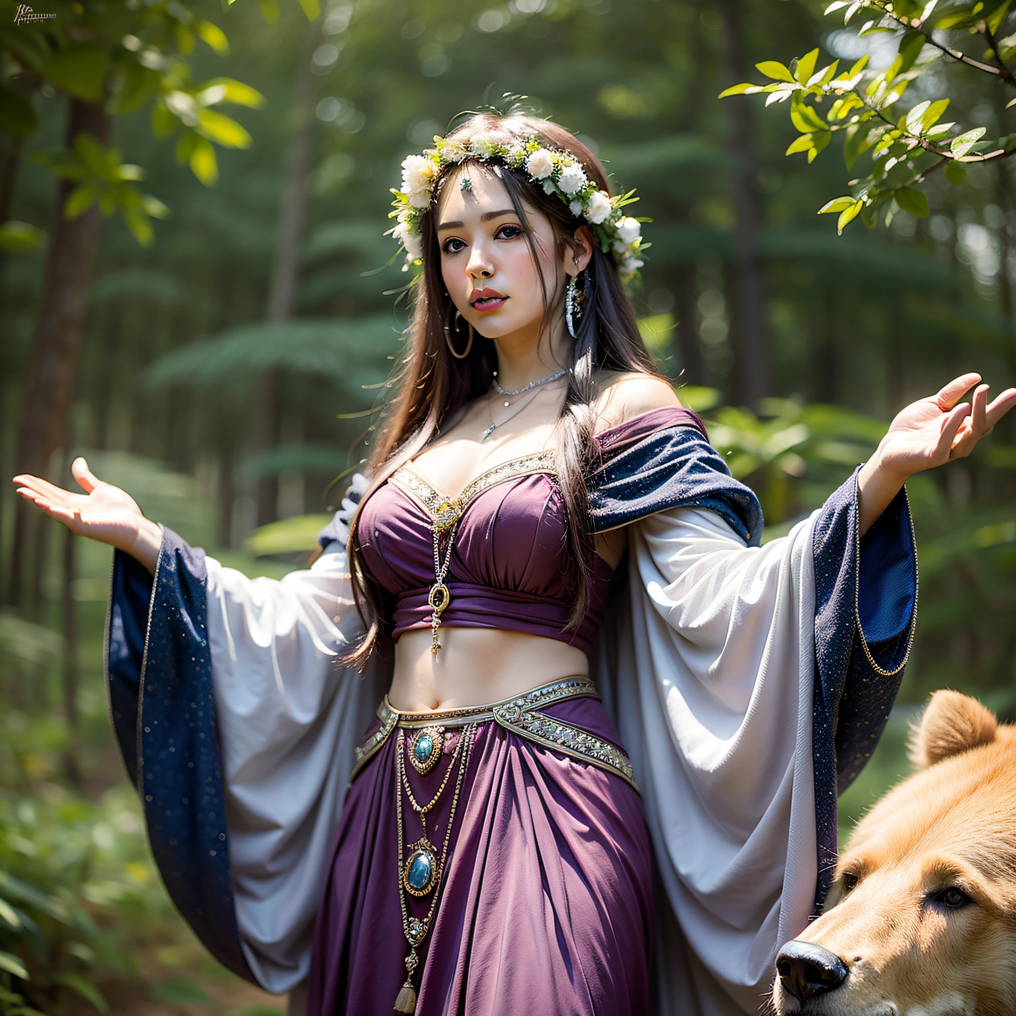 hyper-realism, celestial and twilight background A beautiful druid woman stands in a clearing, her hands raised in reverence to the big bear standing next to her