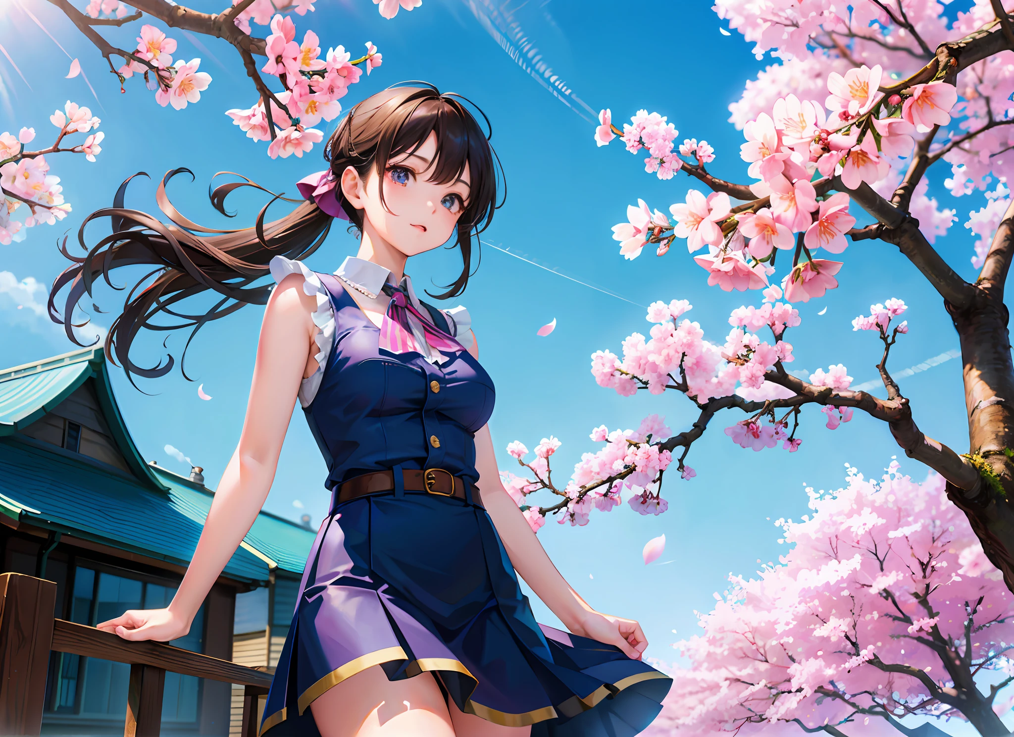 best quality, masterpiece, kat, wind sakura effect, blue sky, focus sky, detailed reflex, cherry blossoms, cinematic lighting, caustics, (wide shot:1.1), detailed cute girl, overlook,