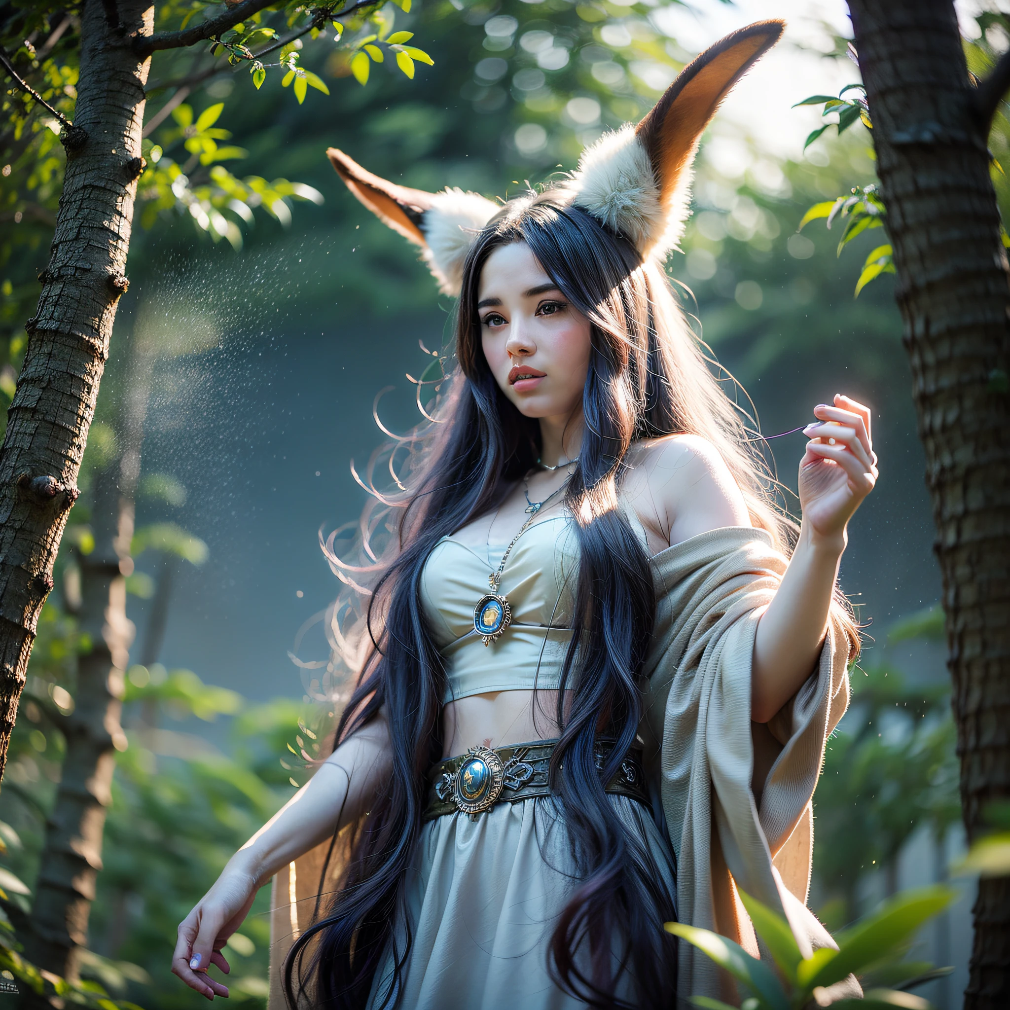 hyper-realism, celestial and twilight background A beautiful druid woman stands in a clearing, her hands raised in reverence to the big bear standing next to her