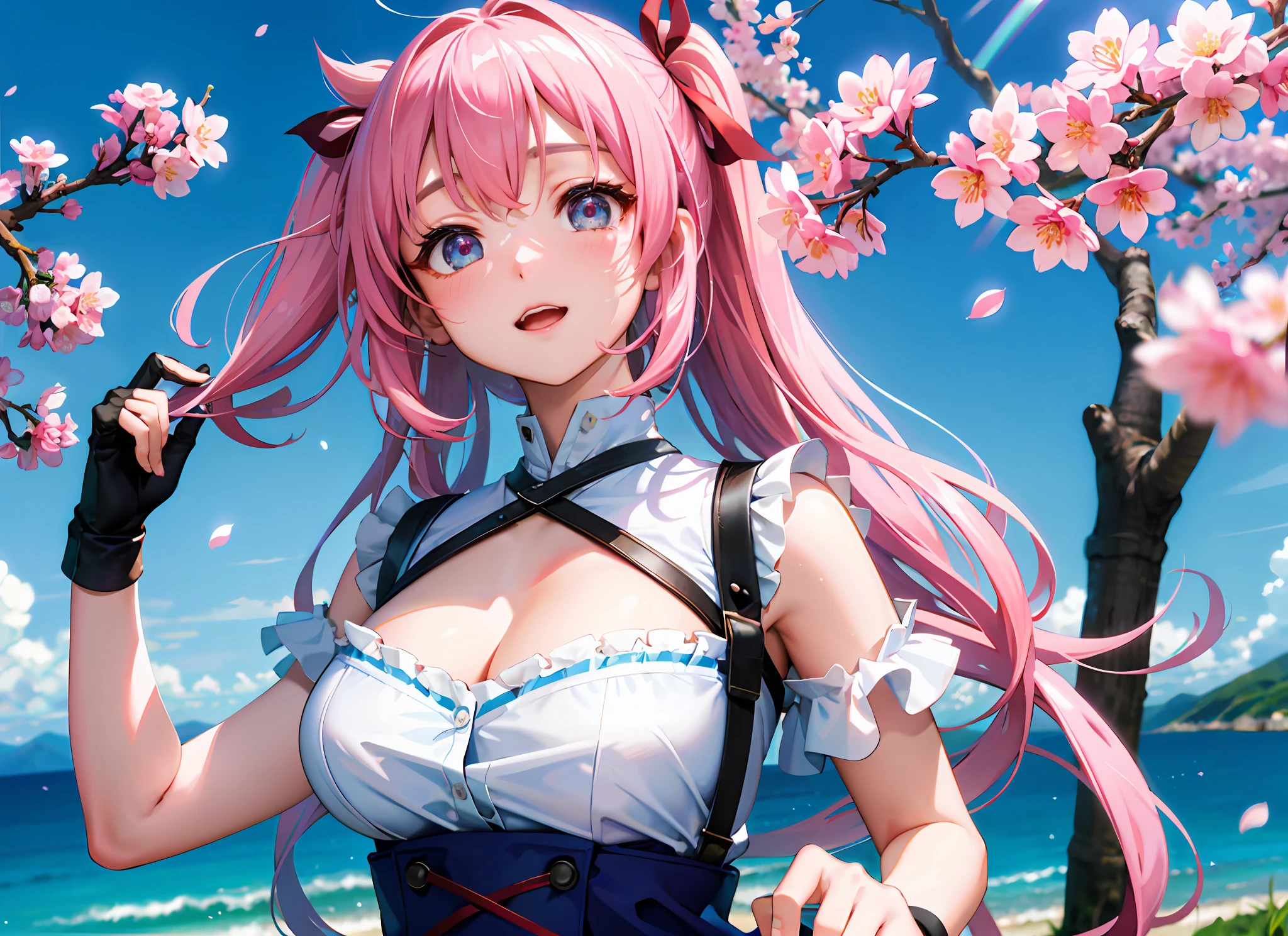 best quality, masterpiece, kat, wind sakura effect, blue sky, focus sky, detailed reflex, cherry blossoms, cinematic lighting, caustics, (wide shot:1.1), detailed cute girl, overlook,