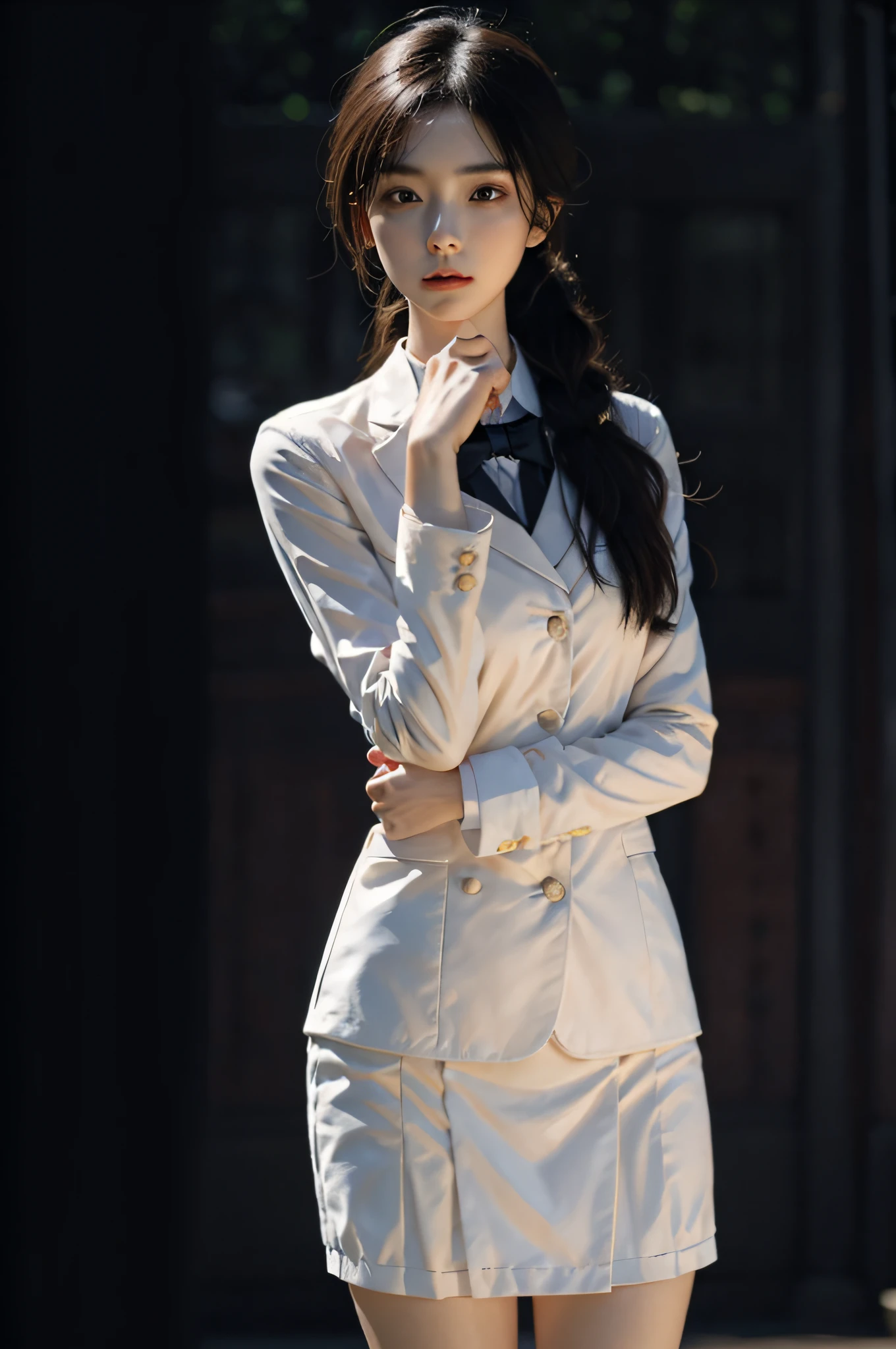 Best quality,masterpiece,ultra high res,(photorealistic:1.4),raw photo,(slender legs)(beautiful hands)(normal body shape),dynamic pose,1girl,solo,school uniform,in the dark,deep shadow,low key,cold light 12000K,