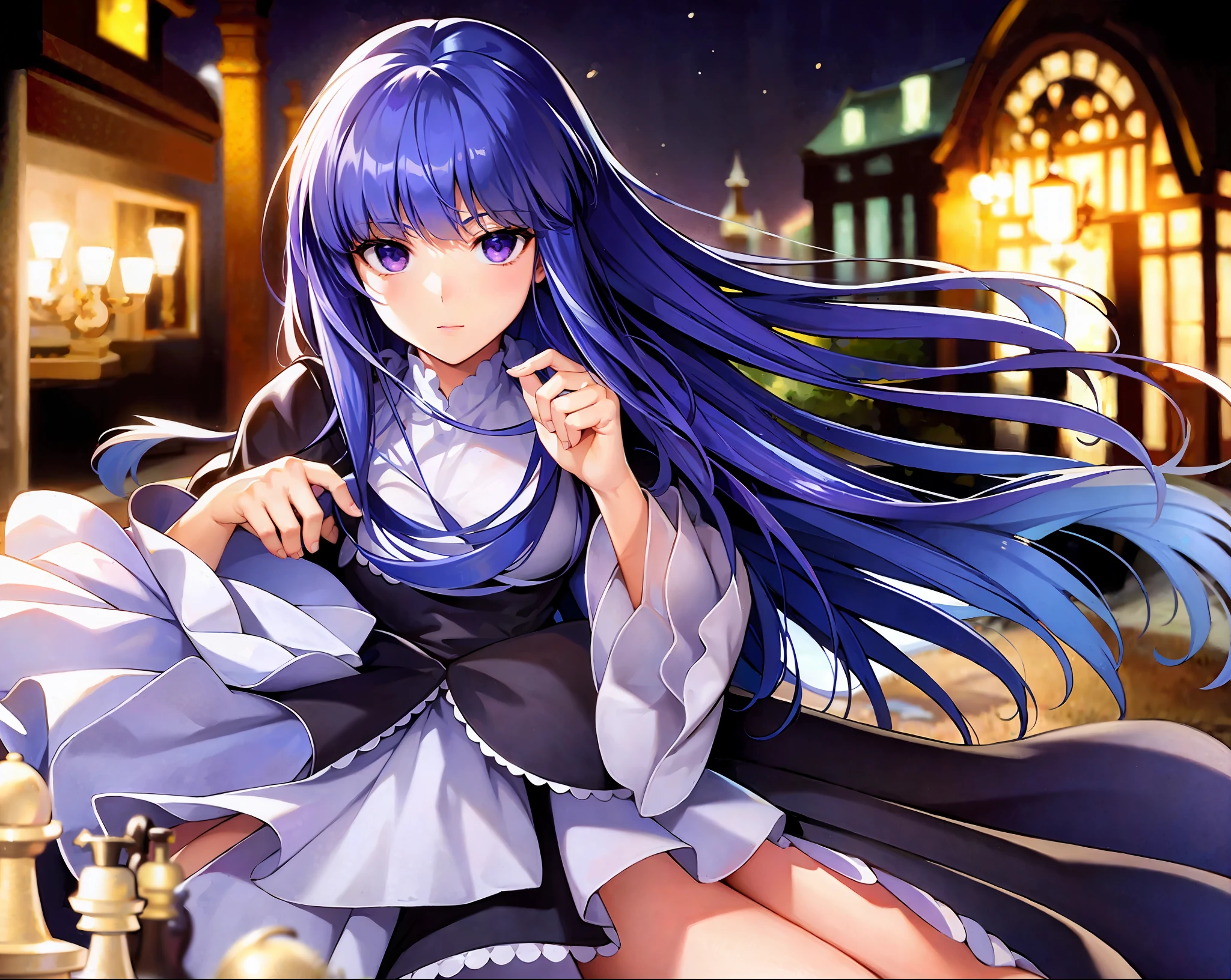 beautiful, masterpiece, best quality, extremely detailed face, perfect lighting, 1girl, solo, top-down bottom-up, frederica bernkastel, blue hair, purple eyes, best quality: 1.5, masterpiece, perfect figure, delicate hands, HDR, detailed body, extremely detailed, higres, beautiful girl, (playing chess:1.2), concept art, on sky background