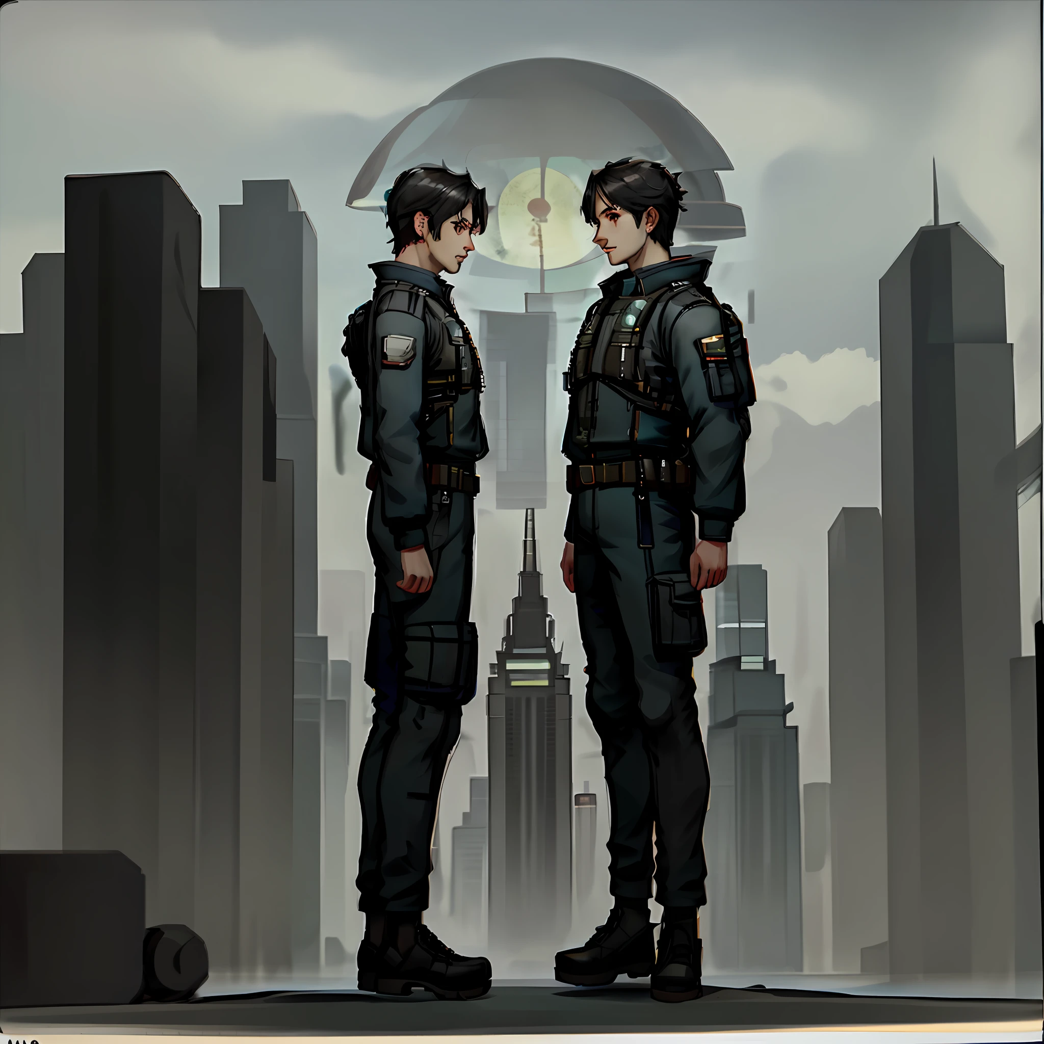 A futuristic city with a large skyscraper in the middle, with a sign reading "WATCH", the surrounding scenery being surrounded by buildings and houses, with electronic advertisements around, timesquare style. It's night and the sky is very black, there are few clouds in the sky, and those are grays. There are some night patrollers who wander through the black sky, they are flying automobiles, with a spherical shape, having a white light coming out of their headlights, thus illuminating parts of the city. On the plane of the image is a young man with long black hair, who is on his back and in a cybernetic suit.