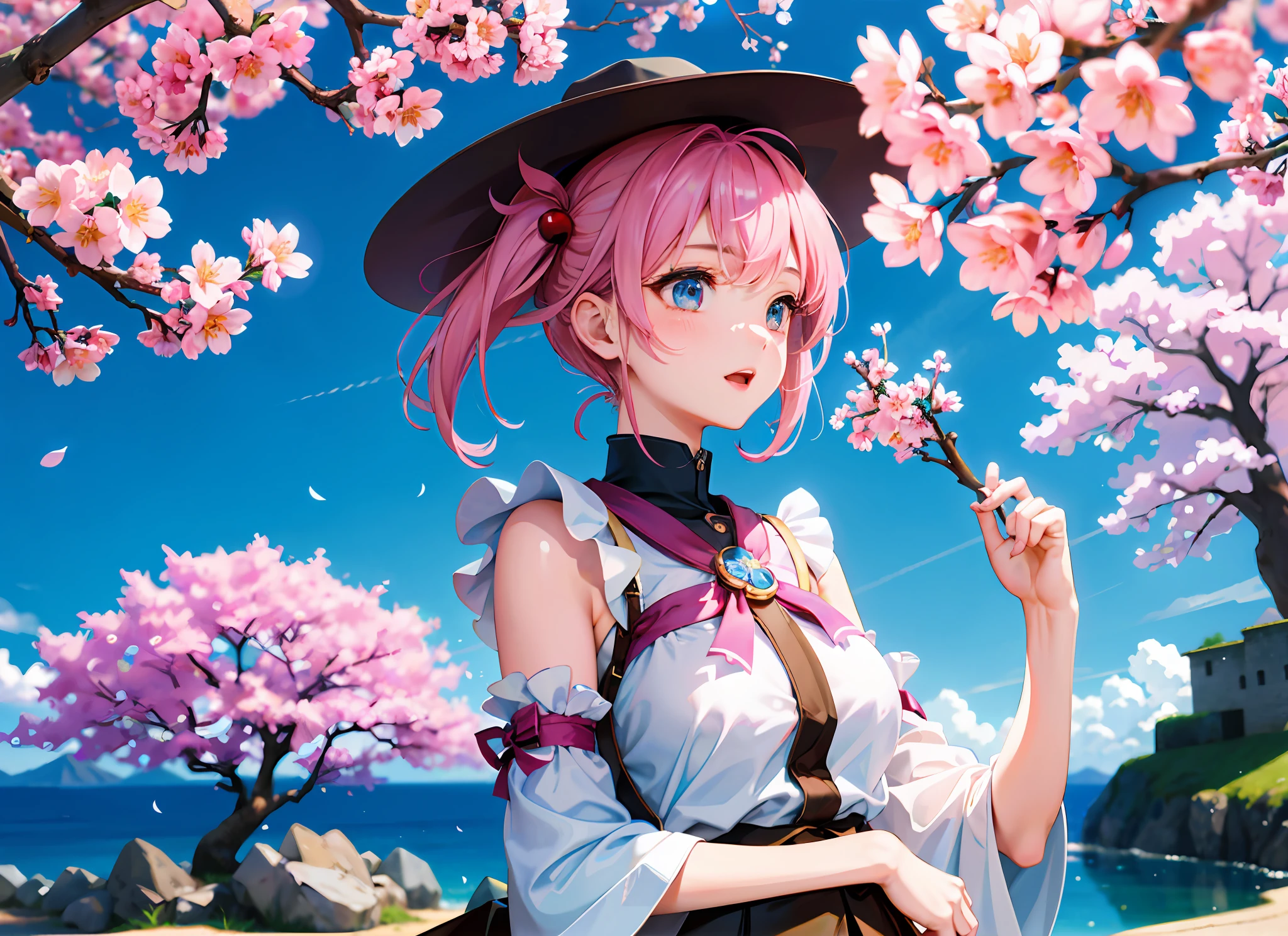 best quality, masterpiece, kat, wind sakura effect, blue sky, focus sky, detailed reflex, cherry blossoms, cinematic lighting, caustics, (wide shot:1.1), detailed cute girl, overlook,