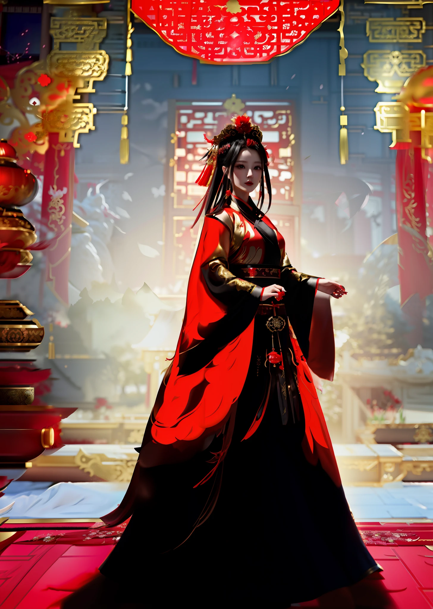 Girl in semi-nude black and red skirt, carrying red lantern, court, Hanfu girl, royal elegant costume, beautiful dream queen, Hanfu, Chinese costume, black and red silk clothing, wearing a luxurious silk cloak, with ancient costumes, full body fairy, wearing a black long cloak, Chinese princess