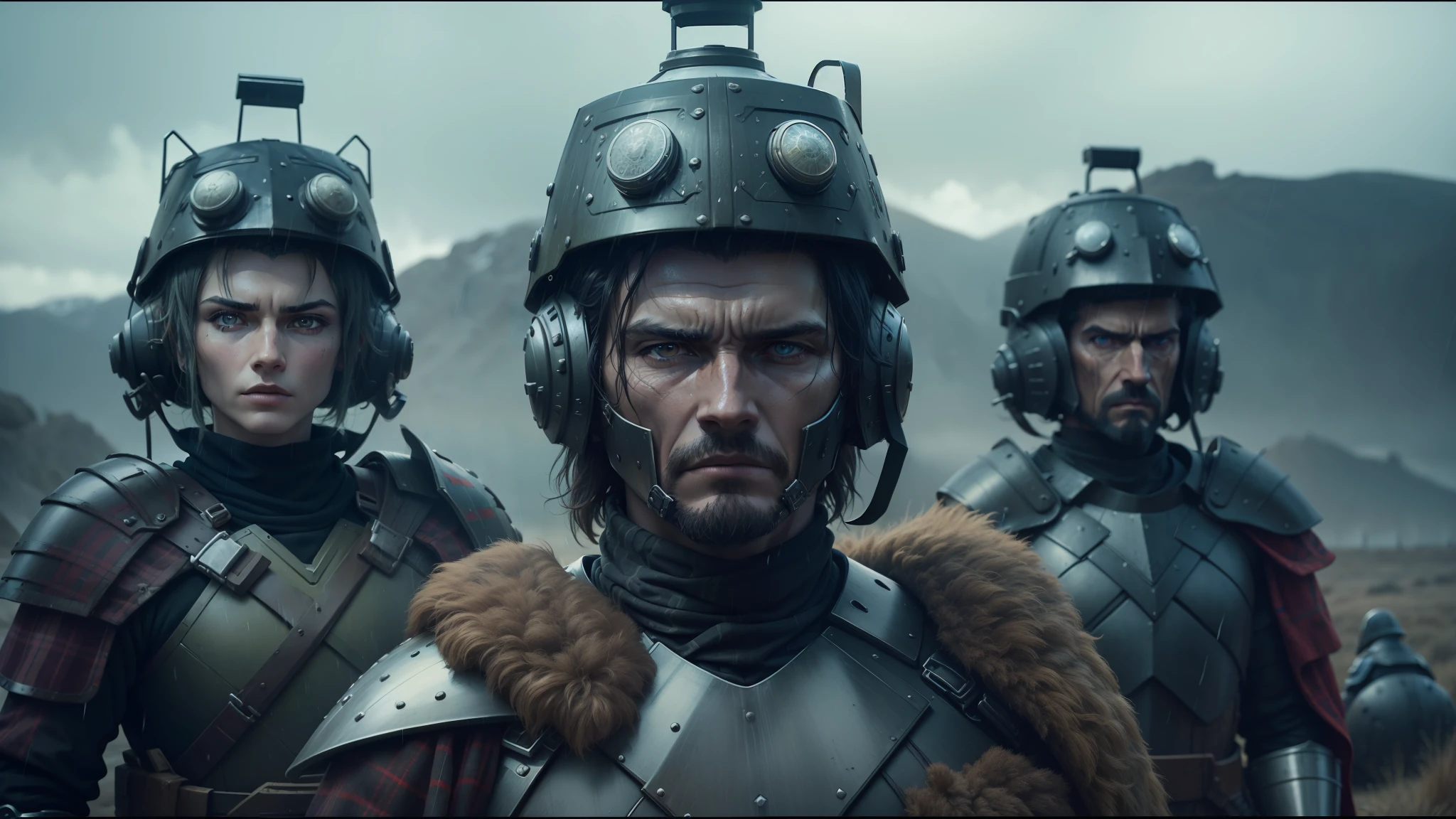 there are three men dressed in armor and helmets standing in the rain, stefan gesell, a character based on a haggis, film still from movie dune-2021, tartan garment, death + robots series of netflix, corrected faces, miners, character art closeup, chestplate