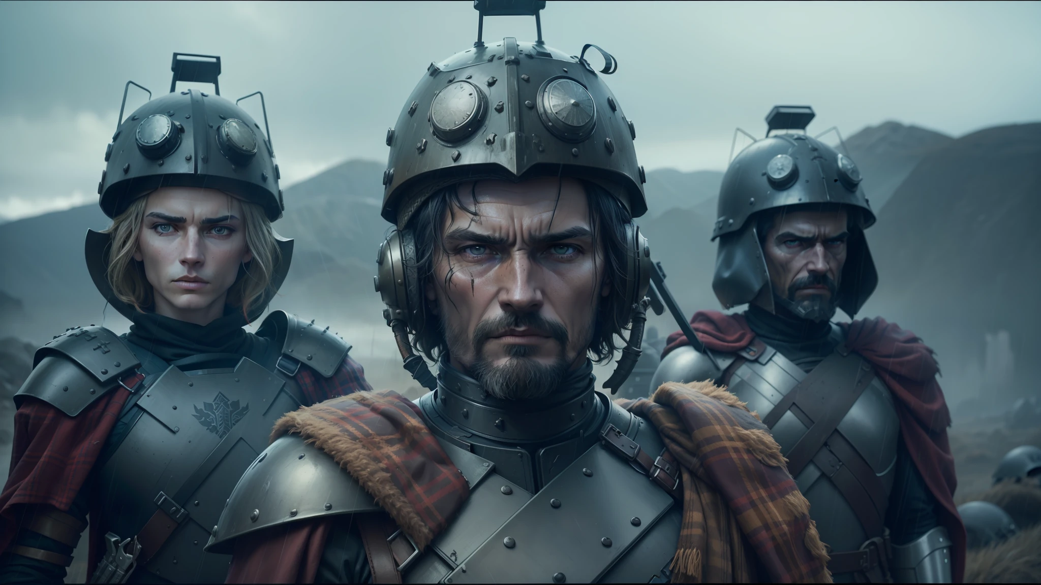 there are three men dressed in armor and helmets standing in the rain, stefan gesell, a character based on a haggis, film still from movie dune-2021, tartan garment, death + robots series of netflix, corrected faces, miners, character art closeup, chestplate