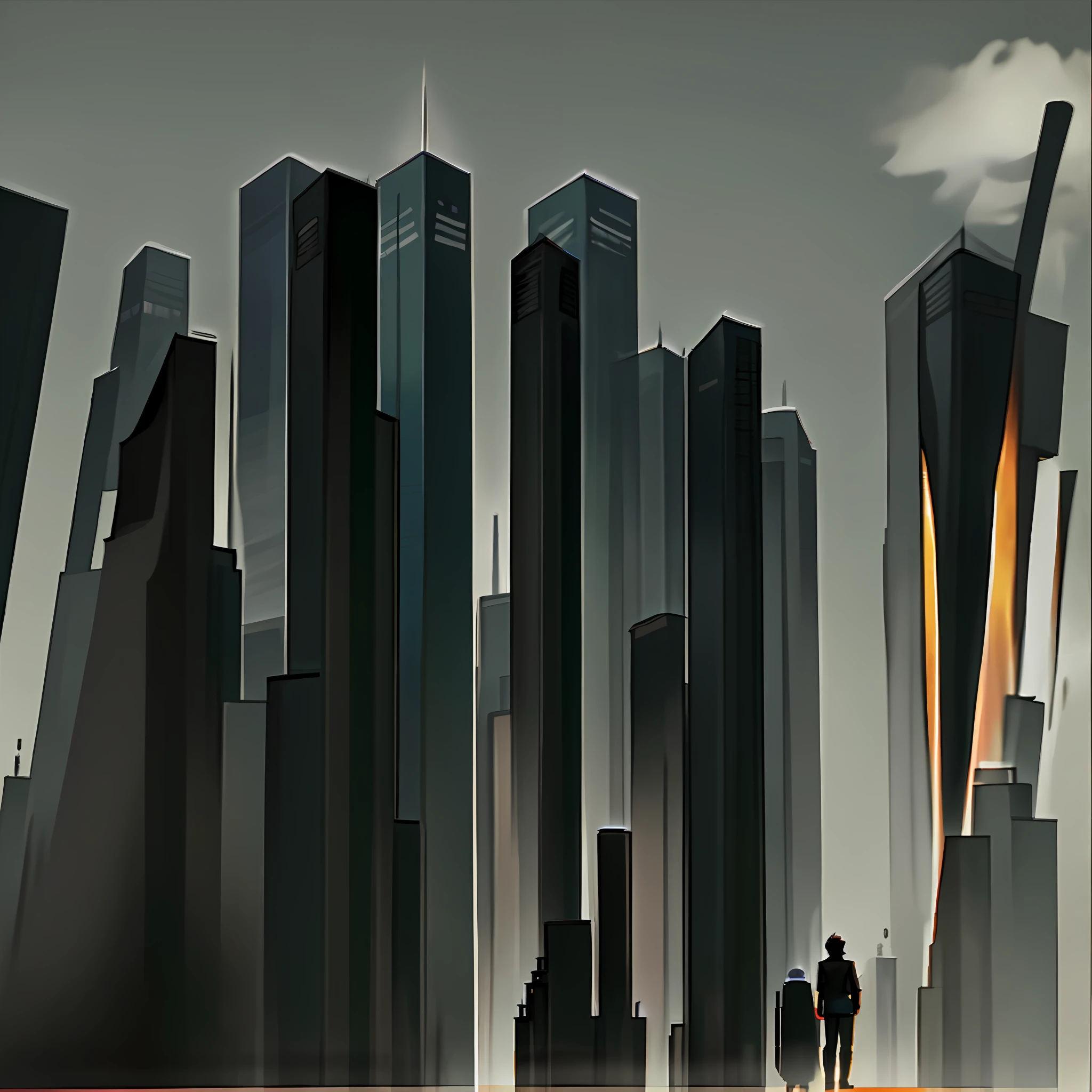A futuristic city with a large skyscraper in the middle, with a sign reading "WATCH", the surrounding scenery being surrounded by buildings and houses, with electronic advertisements around, timesquare style. It's night and the sky is very black, there are few clouds in the sky, and those are grays. There are some night patrollers who wander through the black sky, they are flying automobiles, with a spherical shape, having a white light coming out of their headlights, thus illuminating parts of the city. On the plane of the image is a young man with long black hair, who is on his back and in a cybernetic suit.