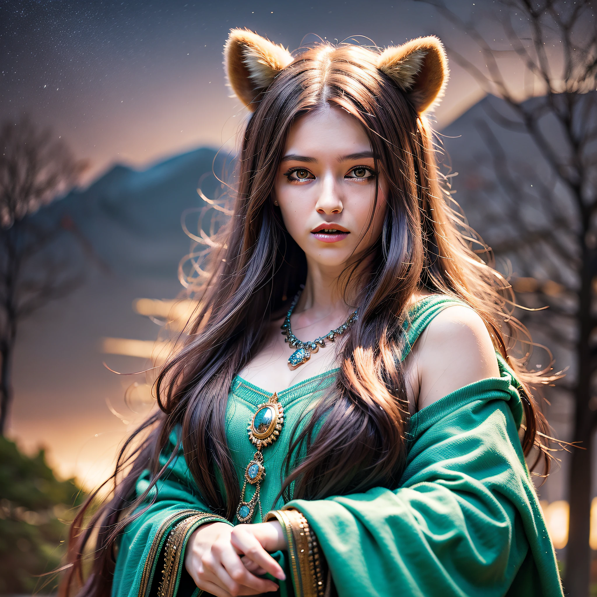 hyper-realism, celestial and twilight background A beautiful druid woman stands in a clearing, her hands raised in reverence to the big bear standing next to her