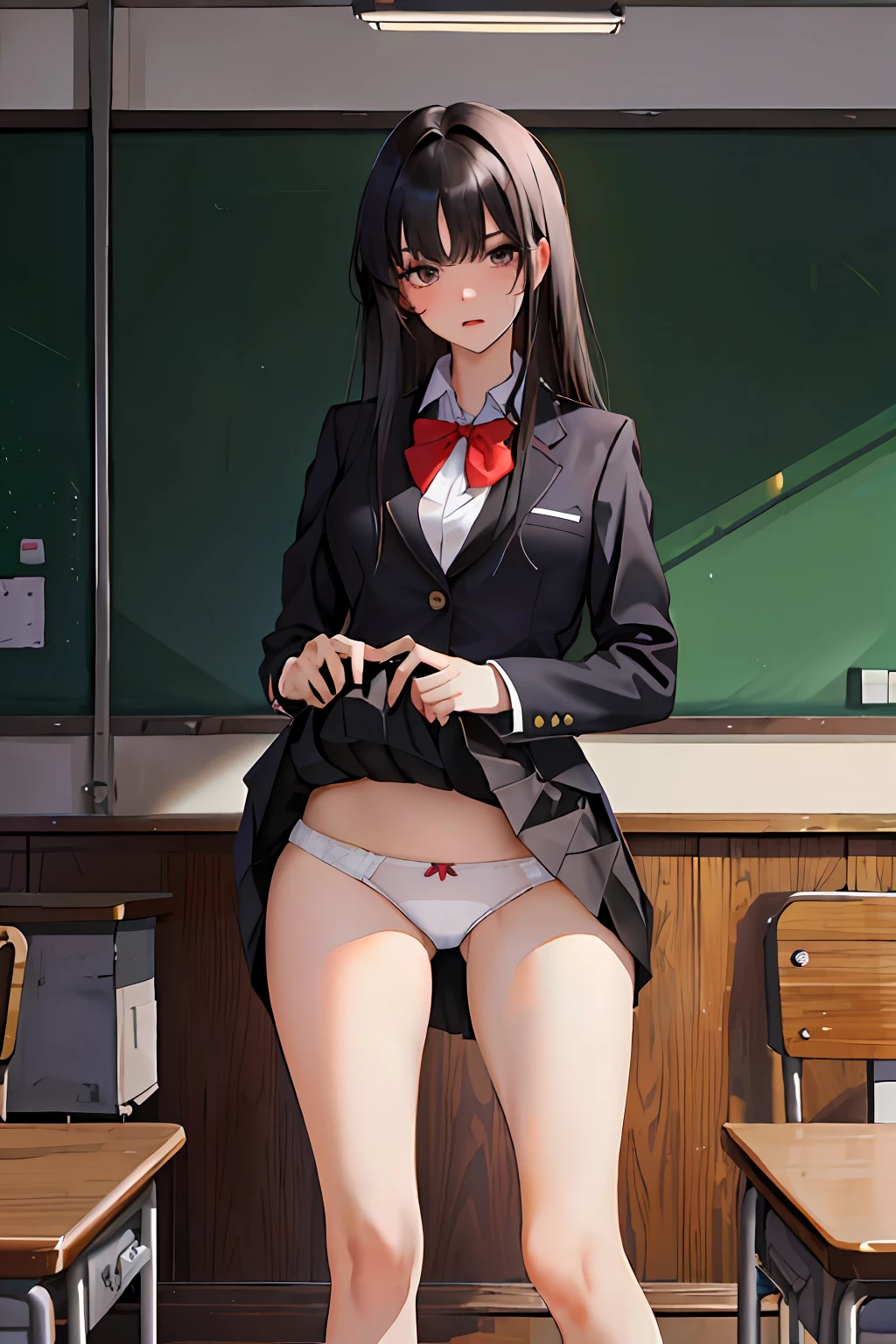 ((Masterpiece, highest quality)), (MAX resolution, distinct_image), Perfect Anatomy, 1 girl, Bangs, (Black hair:1.2), (Long straight hair:1.2), Embarrassing, drooling, (school uniform), dark grey blazer, pleated skirt, (Skirt lift:1.5), lifted by self, show off panties, Panty shot, ((see through white panties)), classroom, (night:1.1),(dark background:1.2),